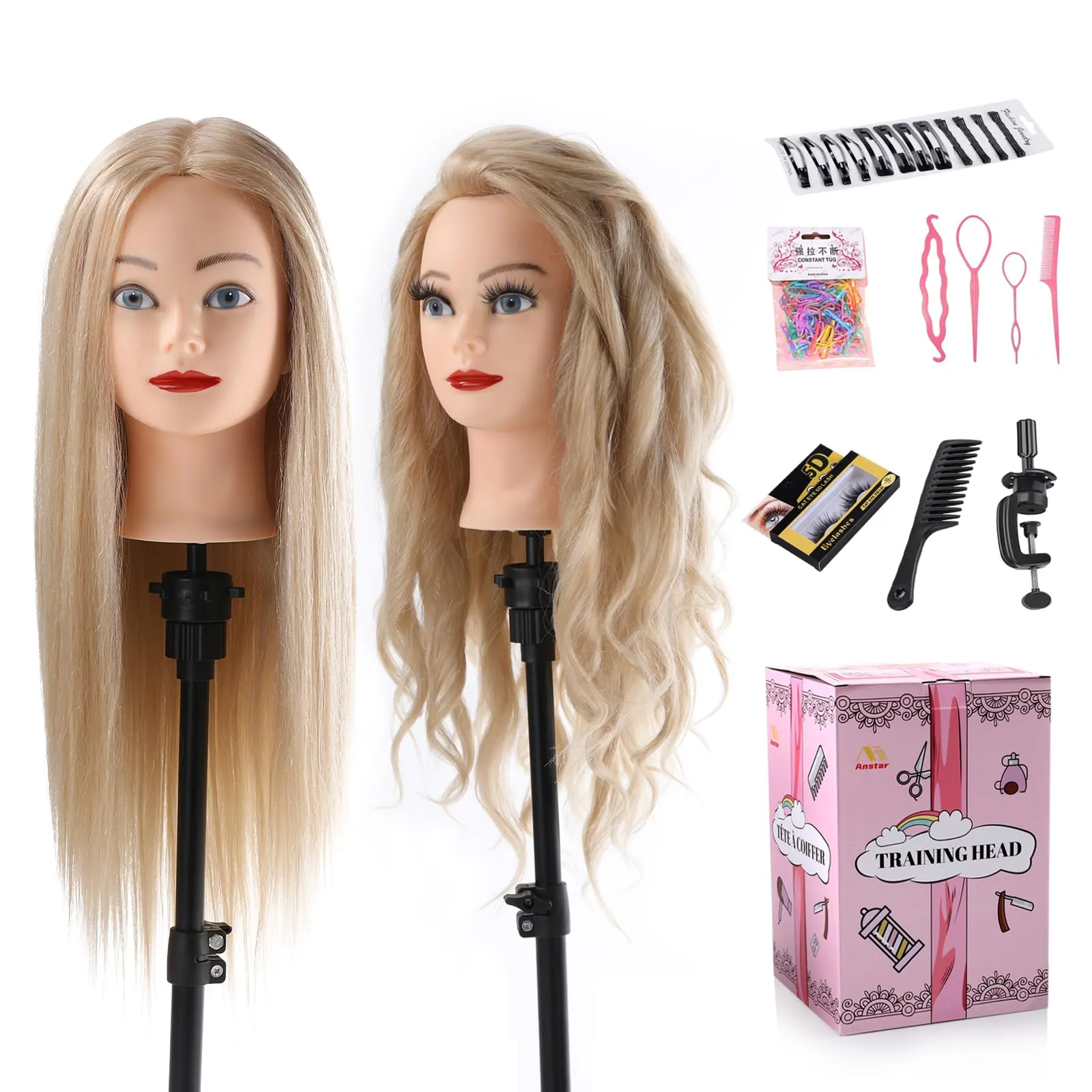 Testa per Parrucchieri 70% Capelli Veri - Manichino Cosmetologia con Accessori