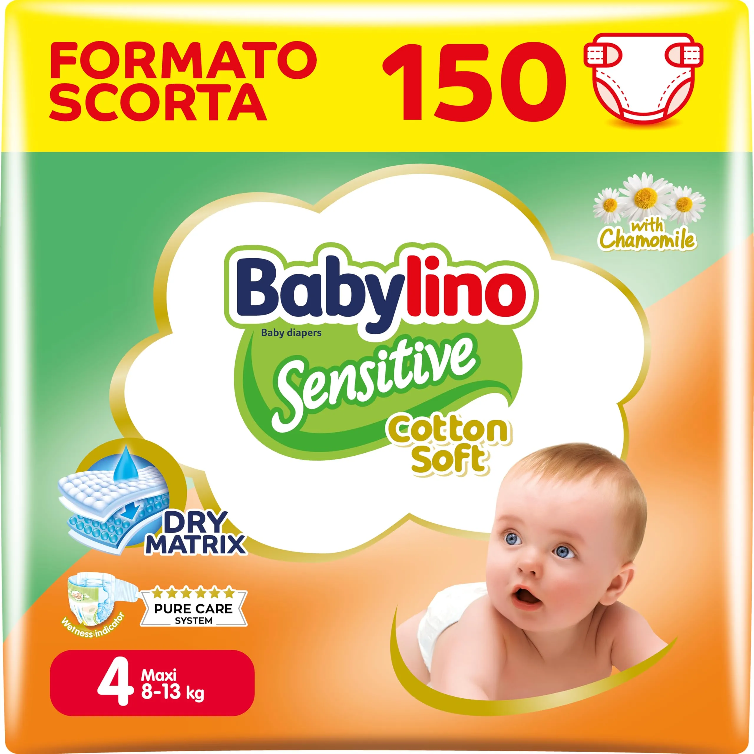 Babylino Sensitive Cotton Soft Pannolini Taglia 4 Maxi (8-13kg) 150 Unità