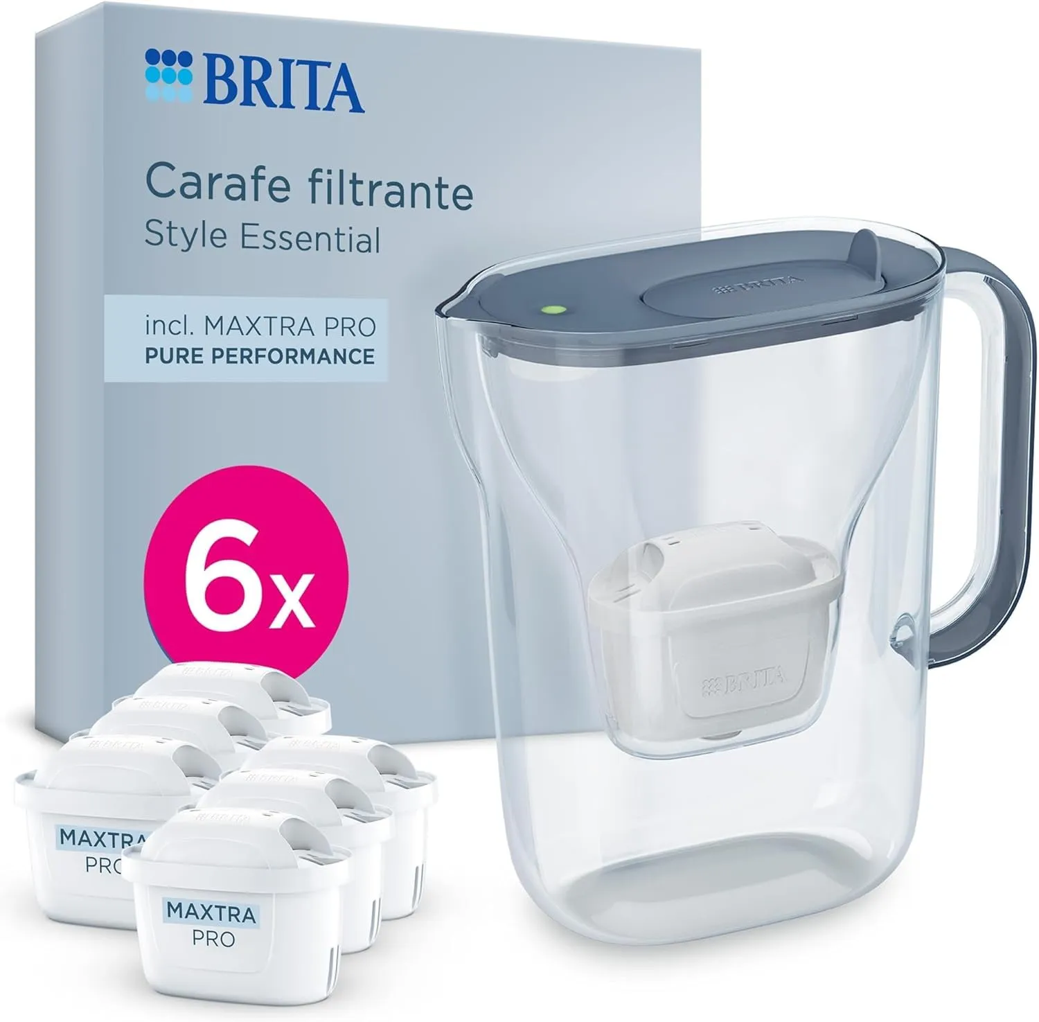 BRITA Caraffa filtrante Style Essential Stone Blue con 6 filtri MAXTRA PRO PURE PERFORMANCE