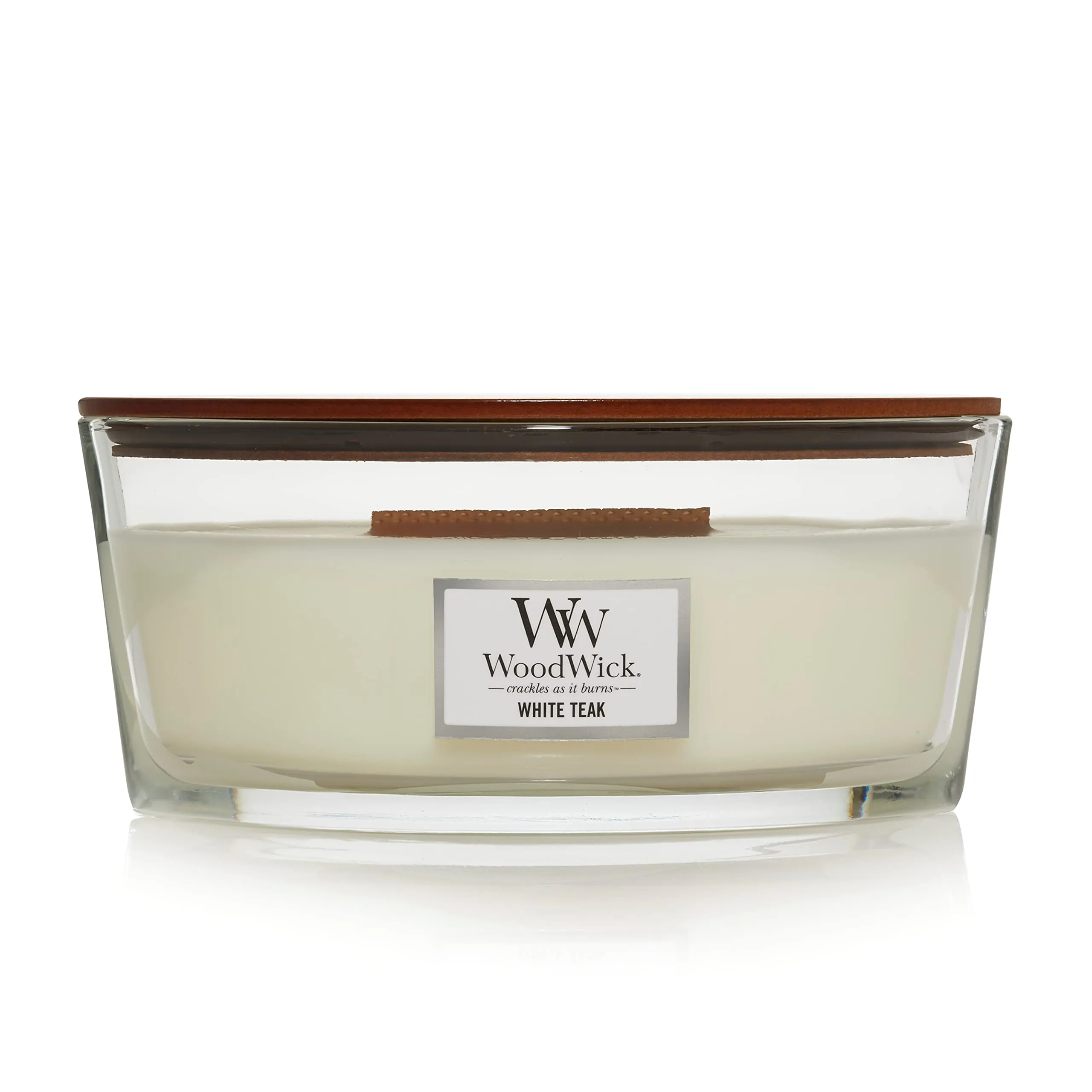 Woodwick Ellipse Candela Profumata Teak Bianco