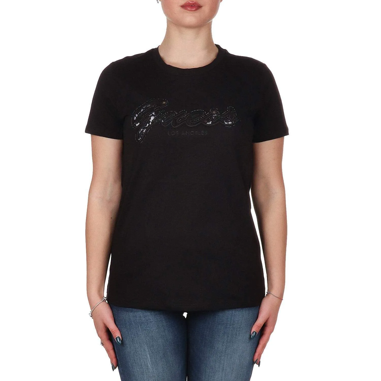 T-shirt Donna Guess Logo Pizzo Nera