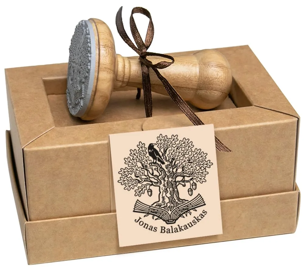 Timbro Personalizzato Ex Libris - Corvo Nero, Albero, Quercia e Ramo