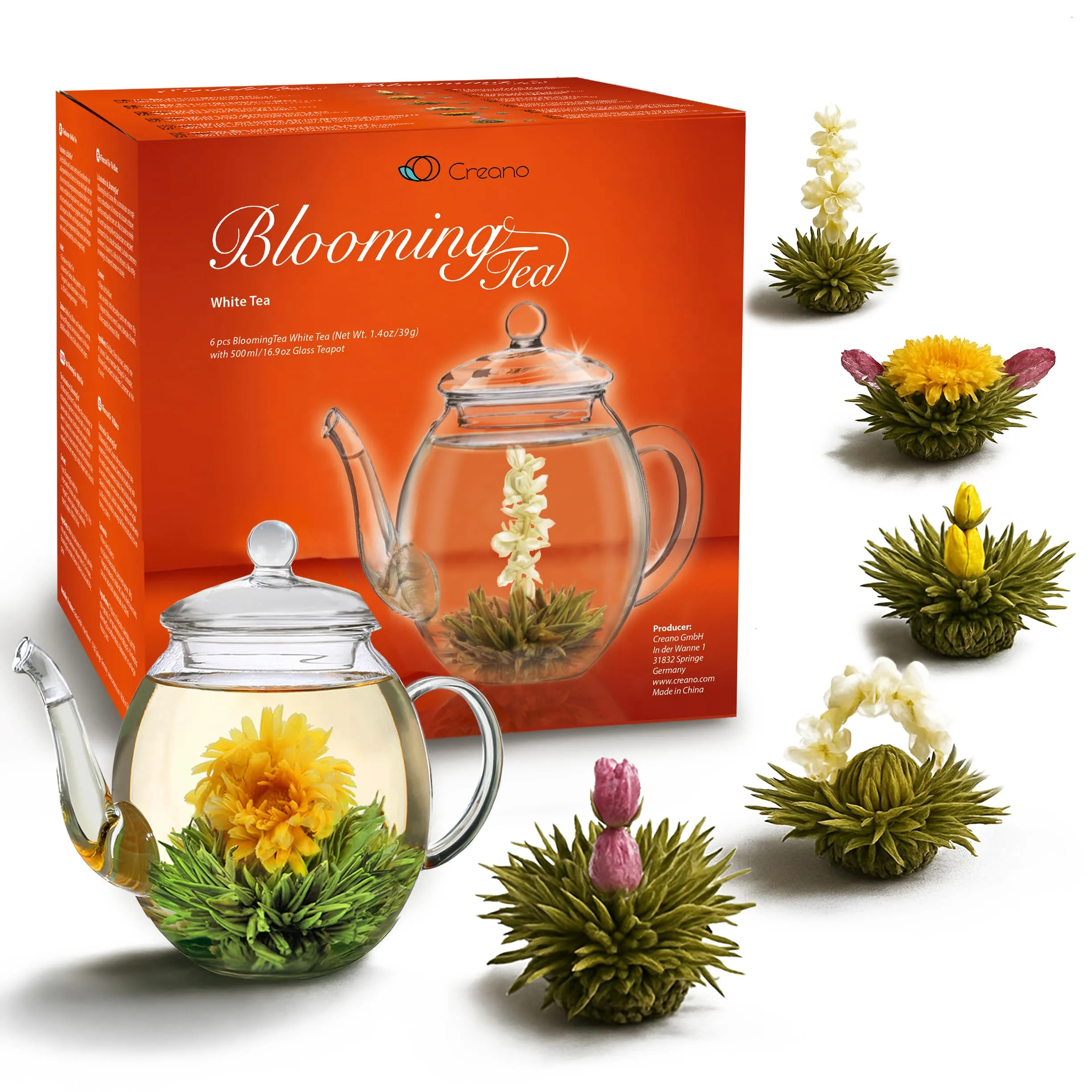 Set regalo di fiori di tè con teiera di vetro da 500 ml e tè bianco 6x - regalo per Natale