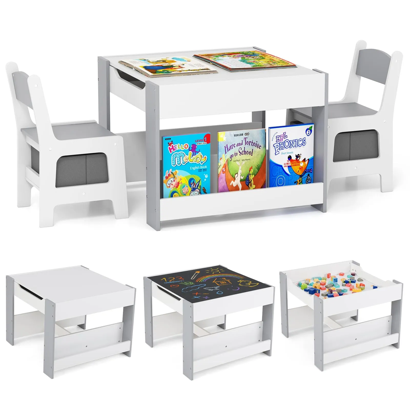 Set Tavolino Bambini 4 in 1 con Lavagna, Librerie e Contenitori COSTWAY