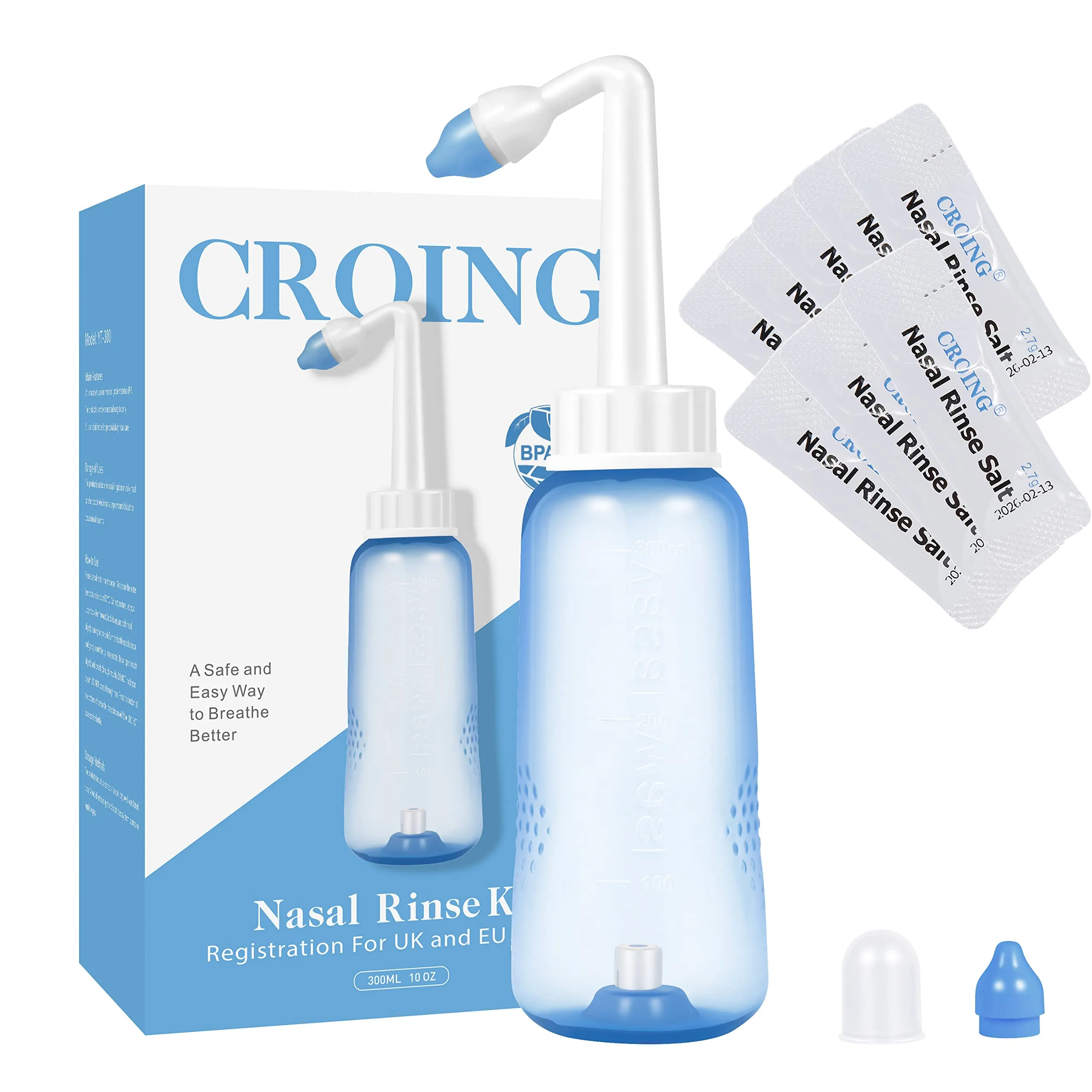 CROING Irrigatore Nasale - 80 x Sale + 1 x Neti Lota Bottiglia (300ml) - Irrigatore Nasale per Lavaggi Nasali Neti Pot per Irrigazione Nasale con due Beccucci- Sinus Rinse kit