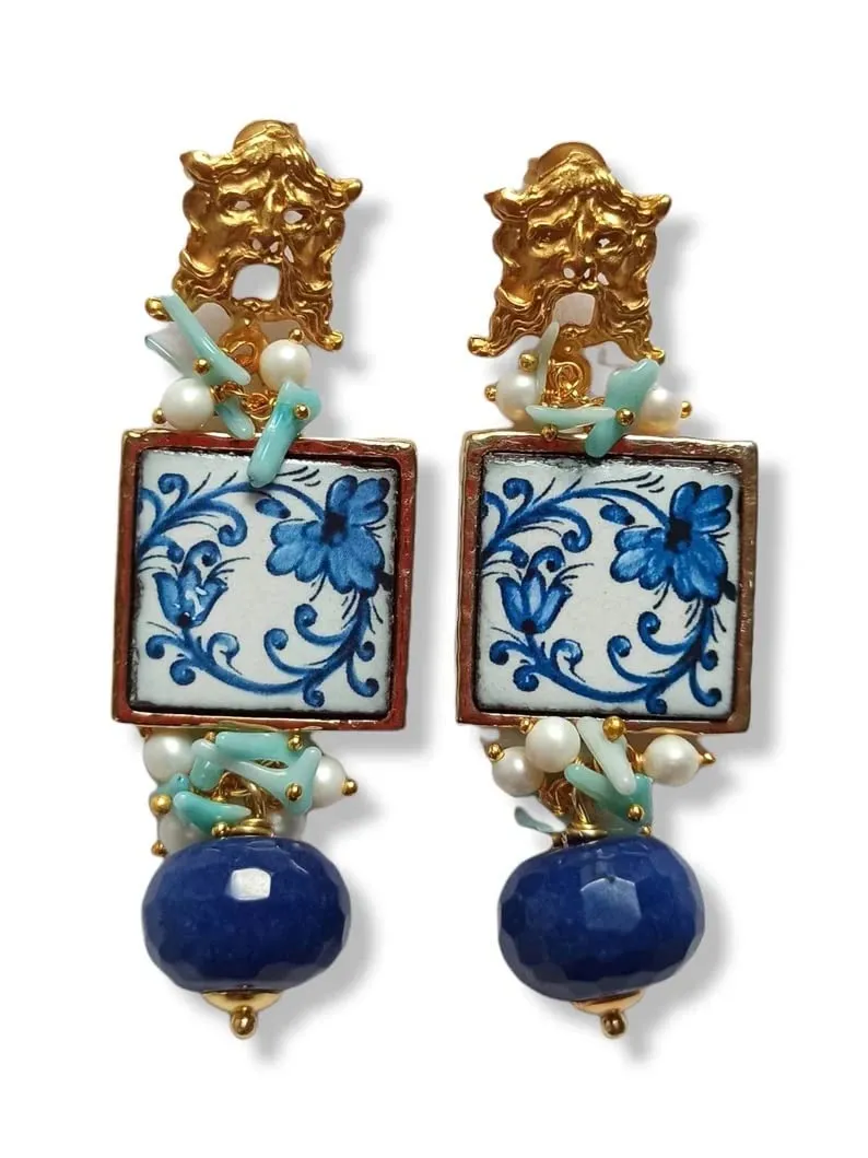 Orecchini Pendenti con Mattonelle in Ceramica di Caltagirone e Agata Blu