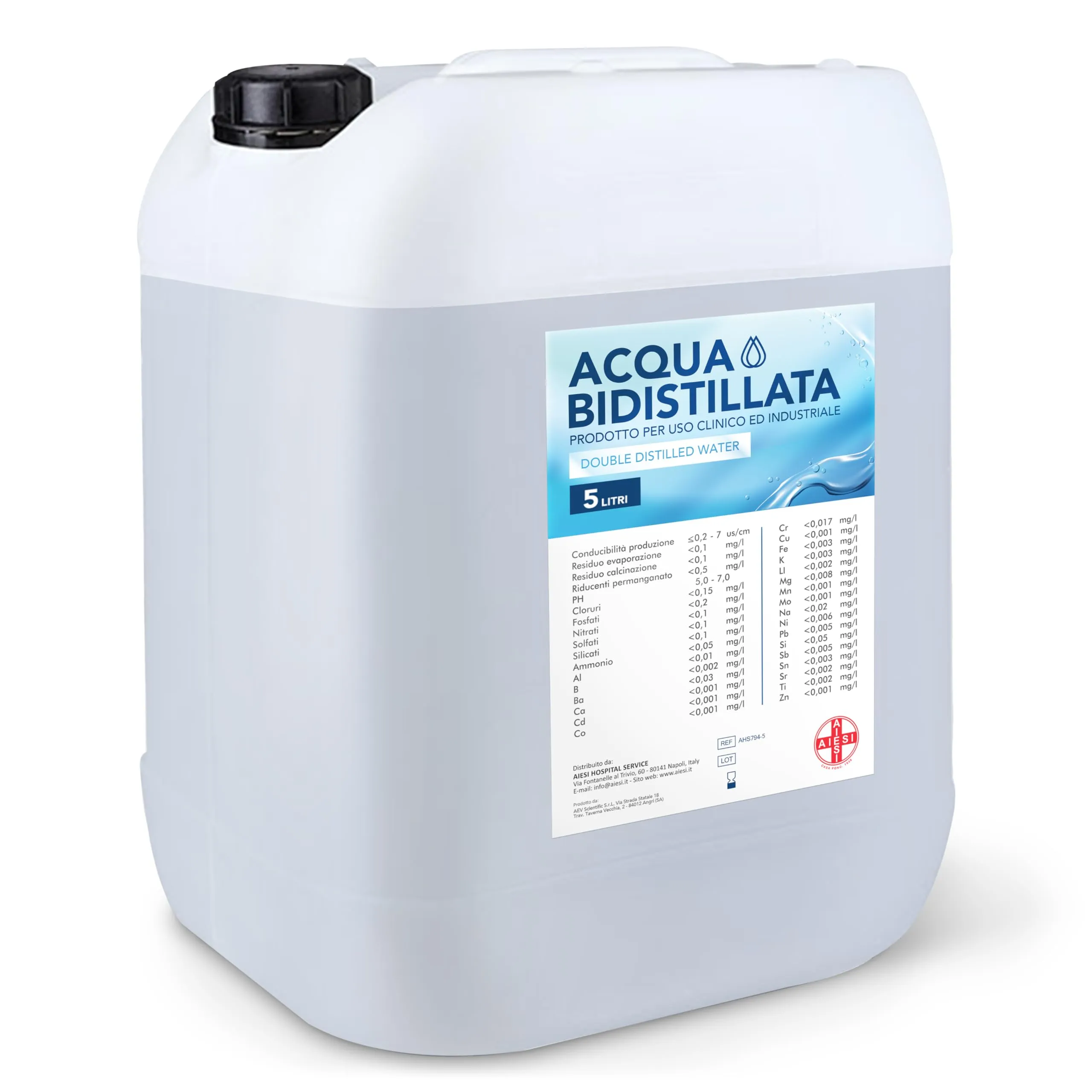 AIESI® Acqua Bidistillata Pura - Tanica 5 Litri