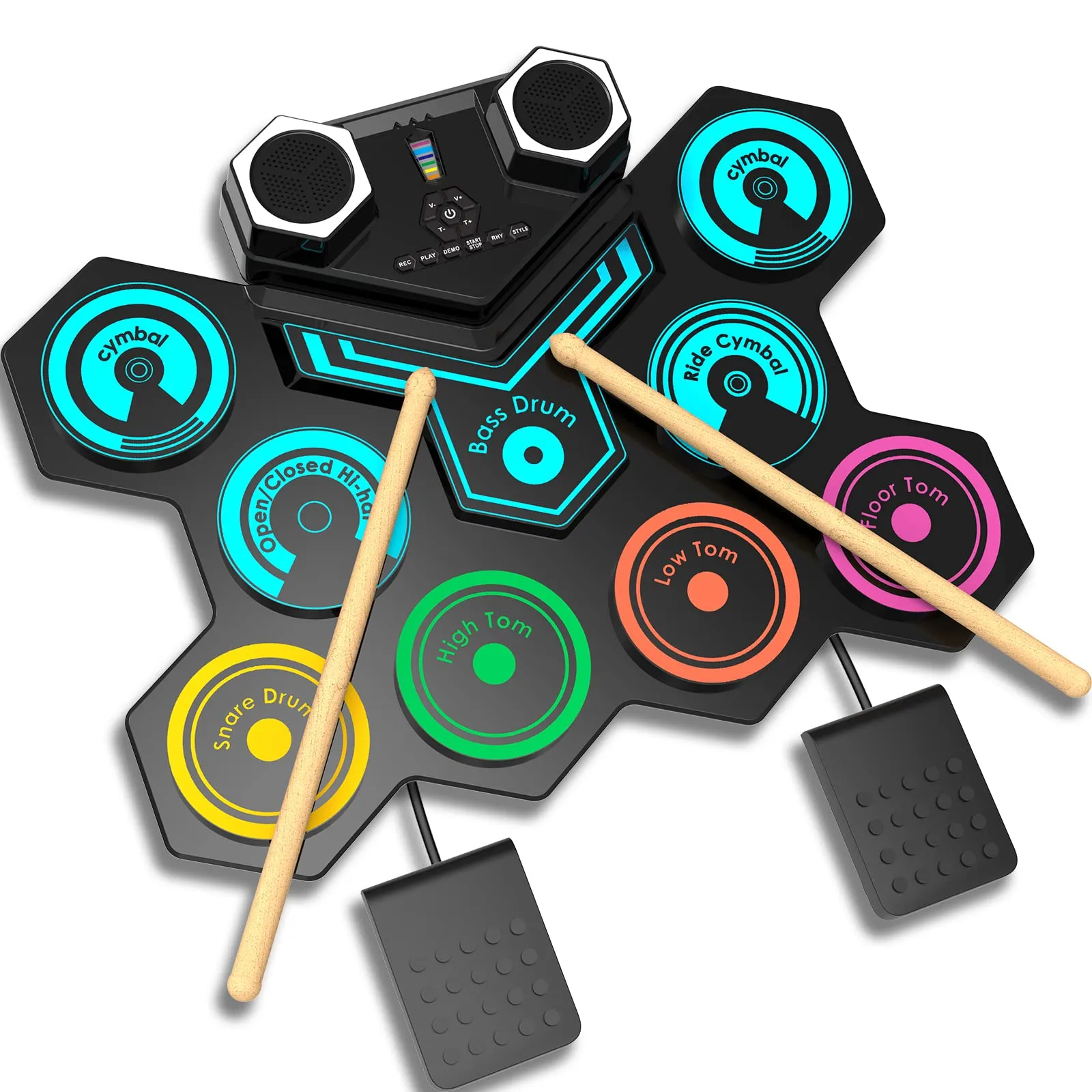 CNAPXAIA Batteria Elettronica Portatile - 9 Pad Batteria Elettrica Arrotolabile Bluetooth con Doppio Altoparlanti Incorporato, Colorato Batteria Strumenti Musicali Regalo per Bambini/Adulti