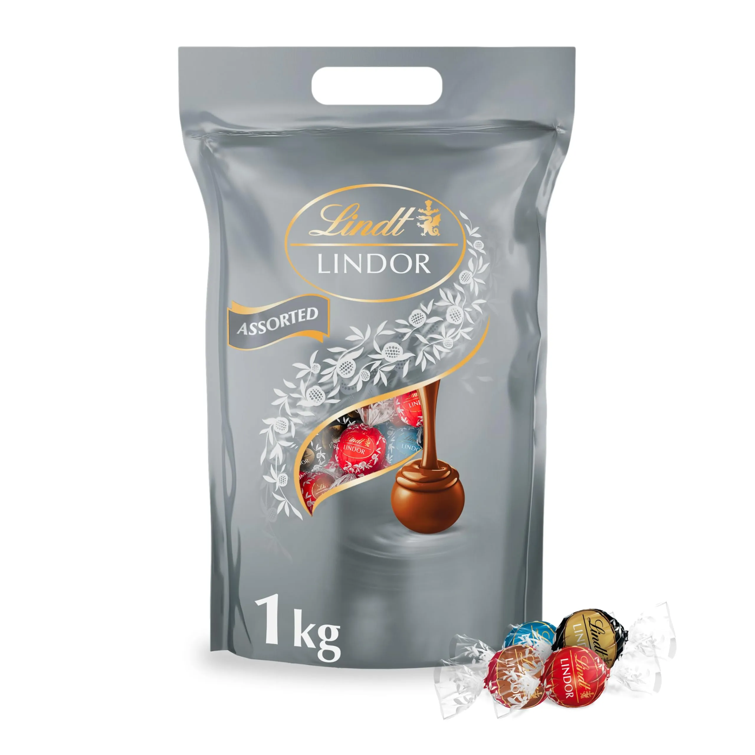 Lindt LINDOR Praline di Cioccolato Latte, Extra Fondente 70% Cacao, Doppio Cioccolato, Caramello Salato, 80 Cioccolatini, in confezione assortita maxi formato 1kg