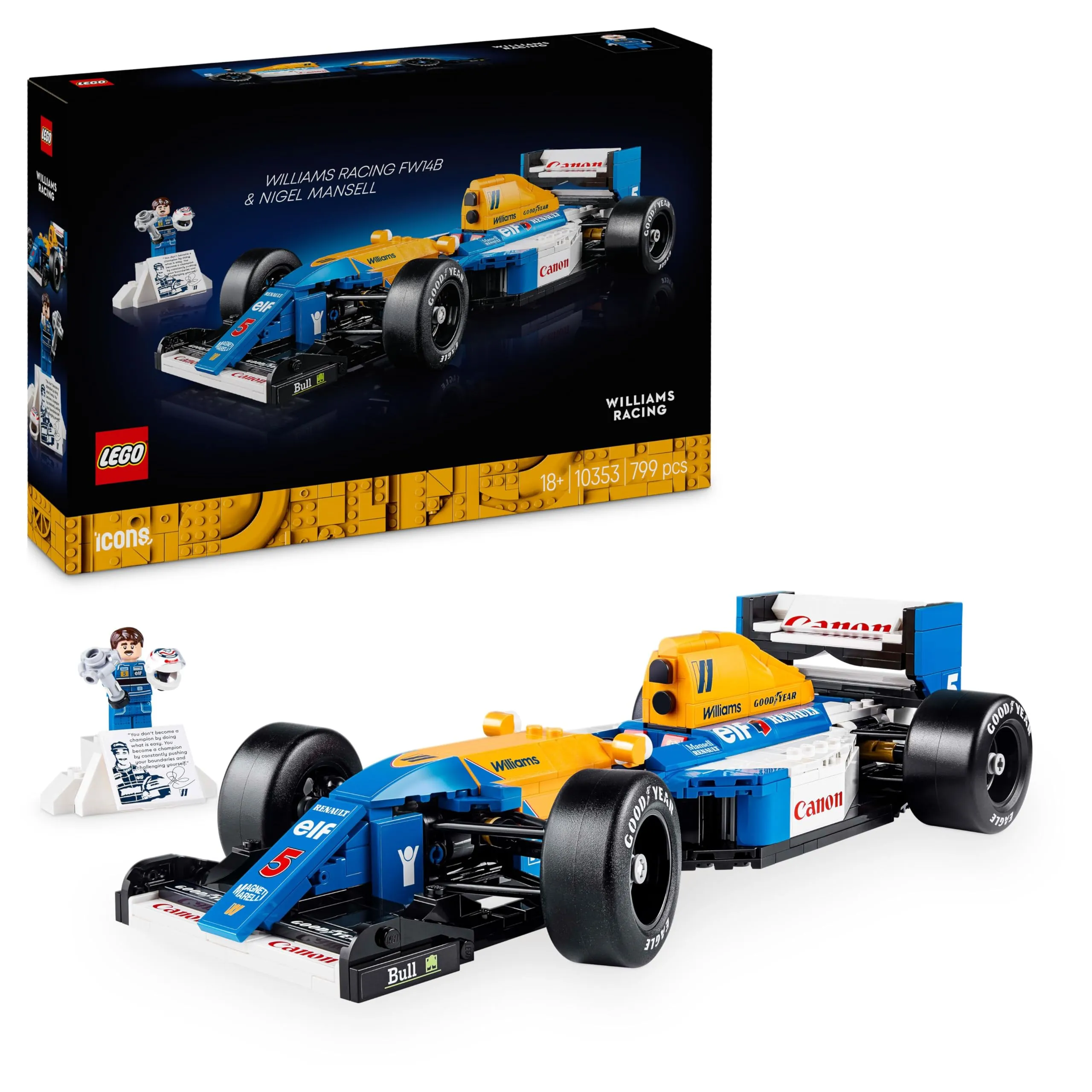 LEGO Icons Williams Racing FW14B e Nigel Mansell - Modellino di Auto F1 da Costruire con Minifigure del Pilota da Collezione, Trofeo e Supporto da Esposizione, Idea Regalo Adulti, Uomo o Donna 10353
