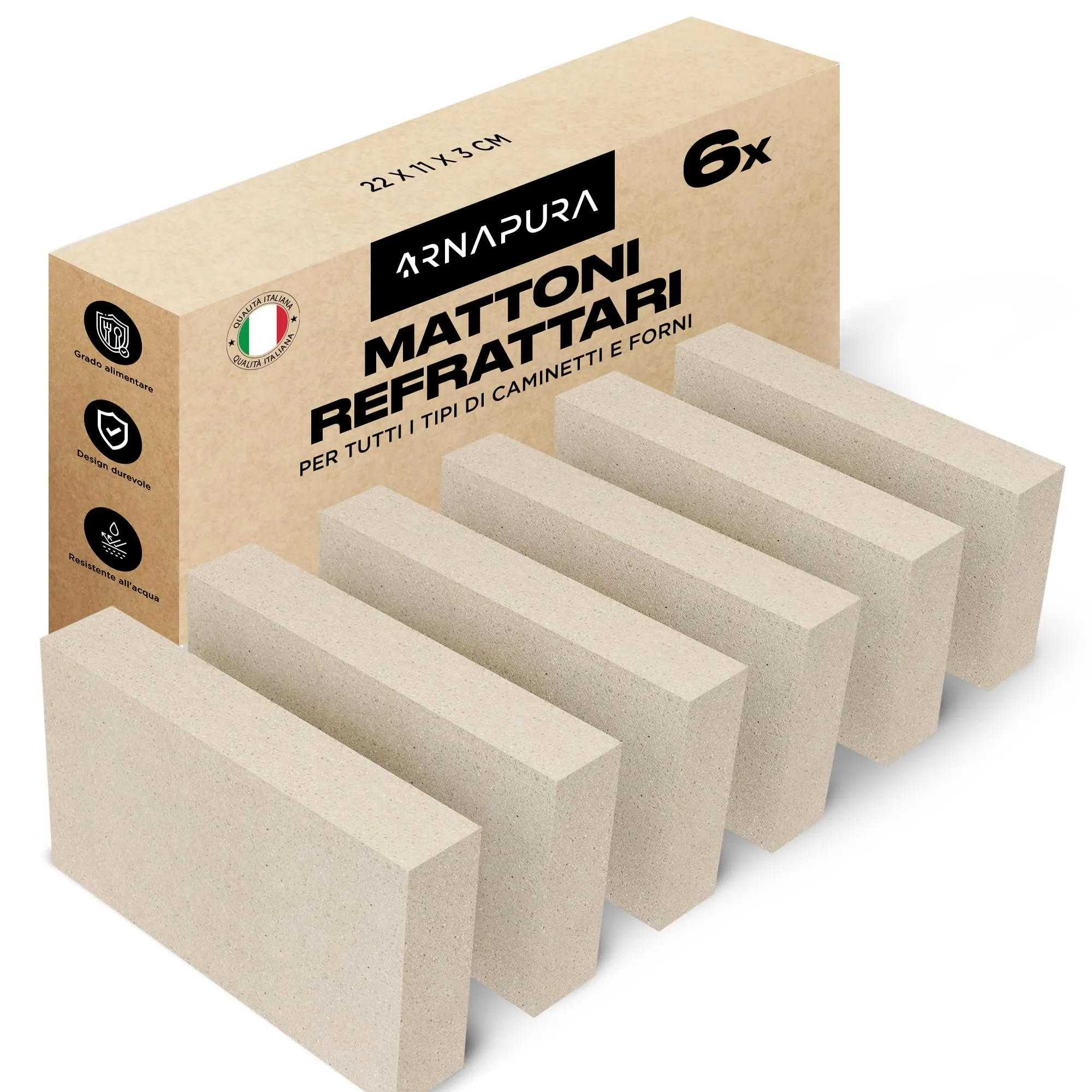 ARNAPURA Pack 6 Mattoni Refrattari per Forno a Legna, 22x11x3 cm