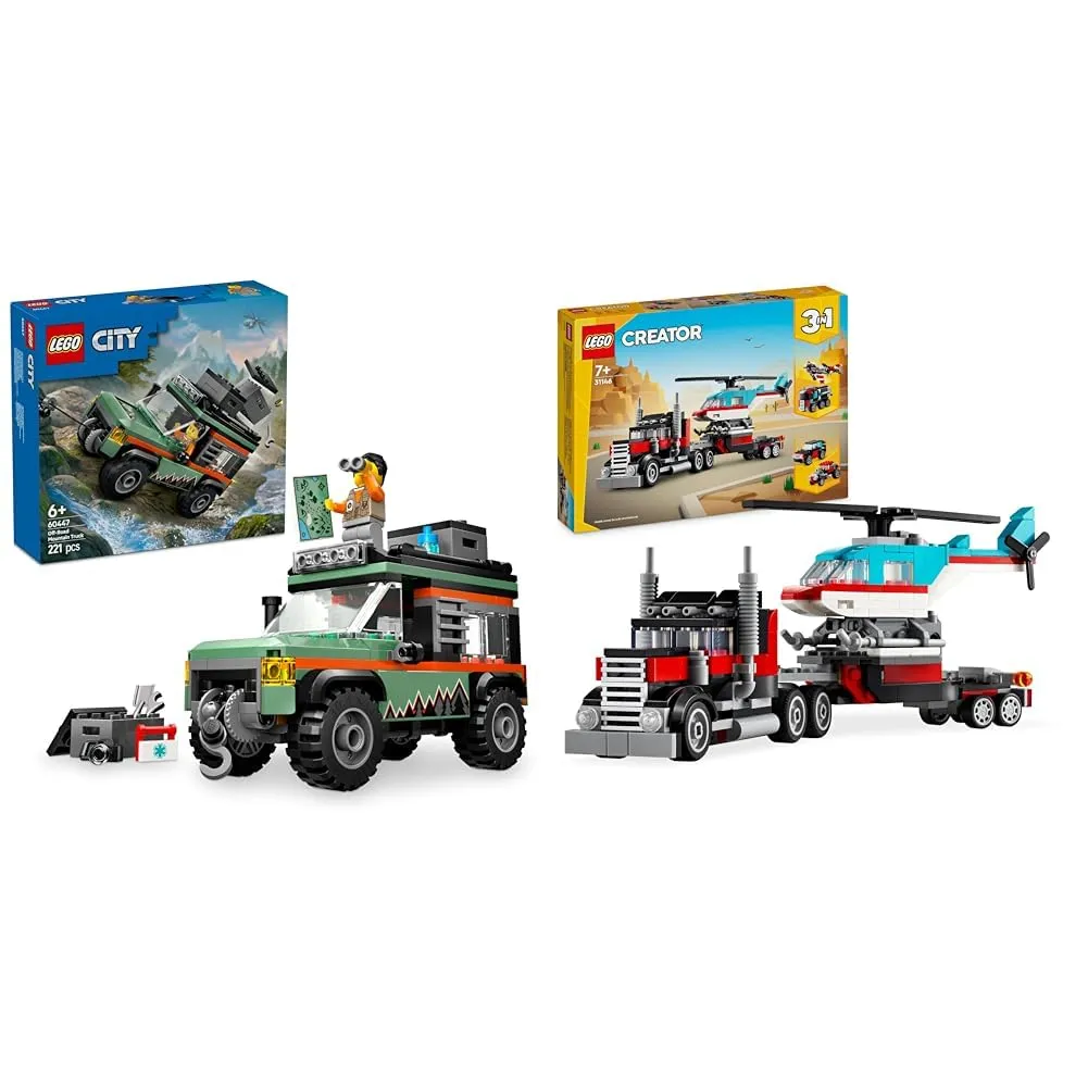 LEGO City Camion Montagna 4x4 Fuoristrada + Creator 3in1 Camion Pianale con Elicottero