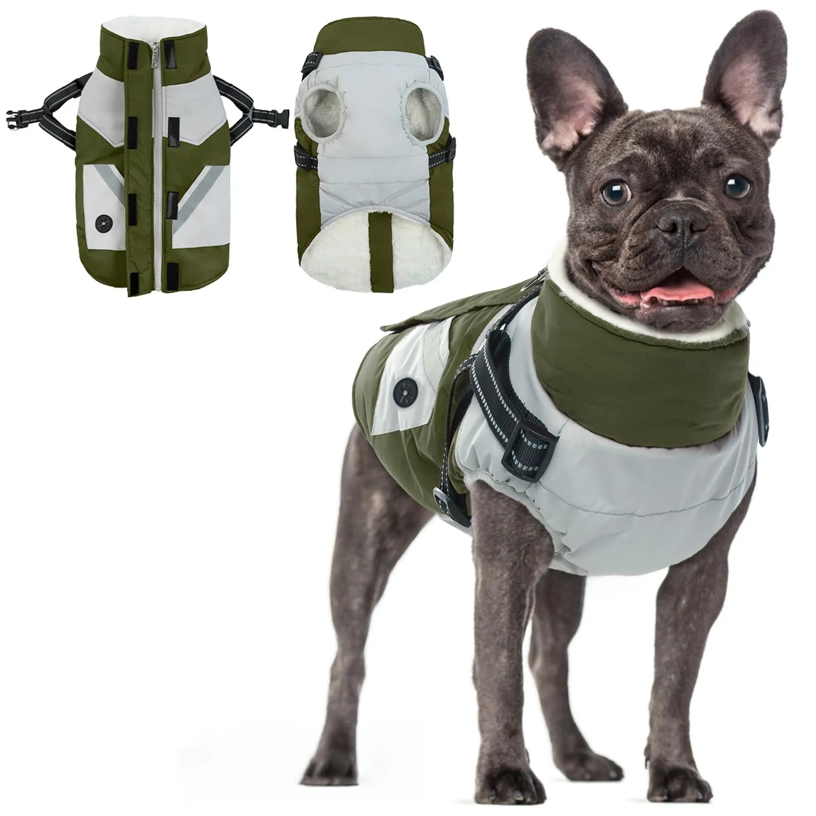 Cappotto Invernale con Imbracatura Integrata per Cani Piccoli - Verde Militare