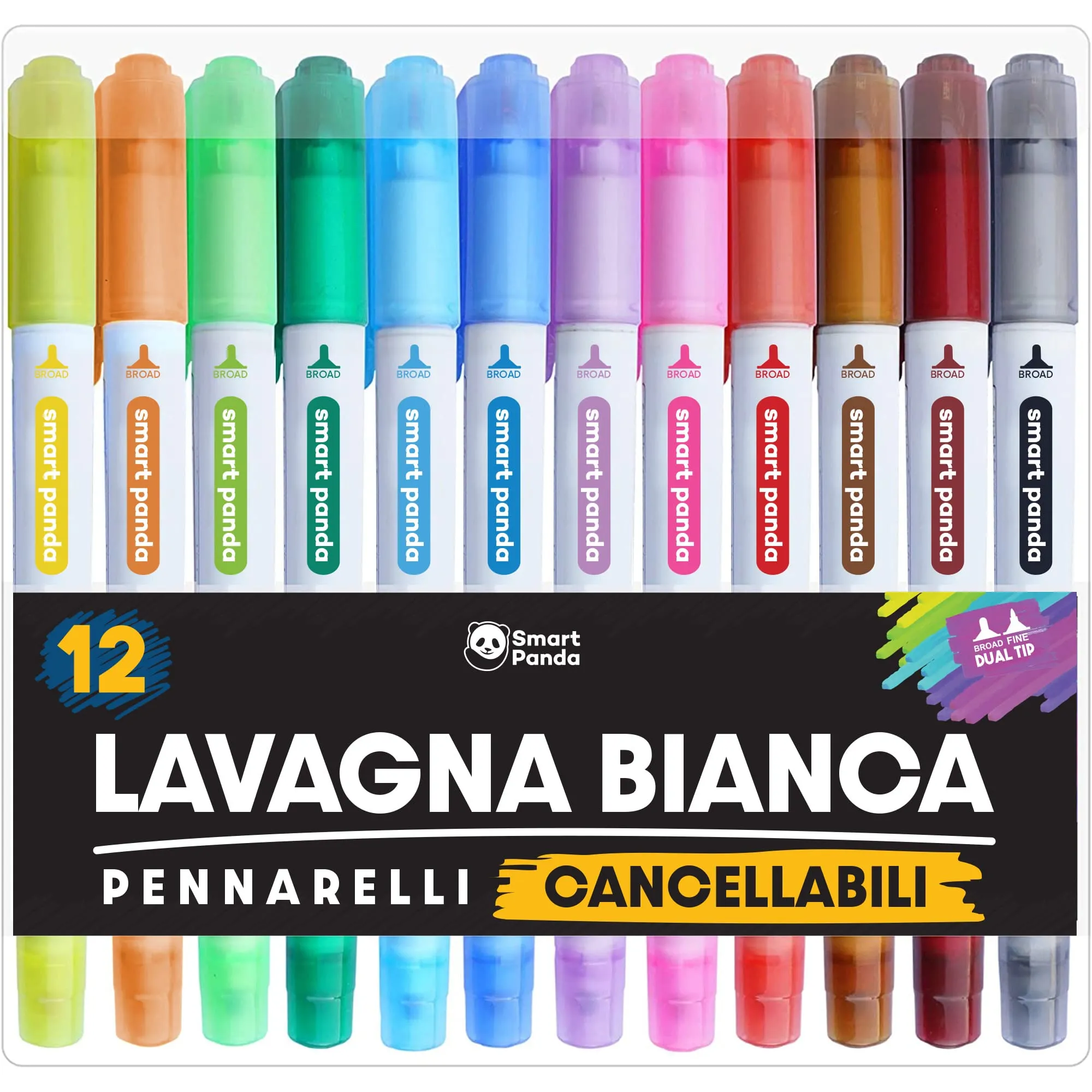 Smart Panda Pennarelli Lavagna Bianca Doppia Punta 12 Colori