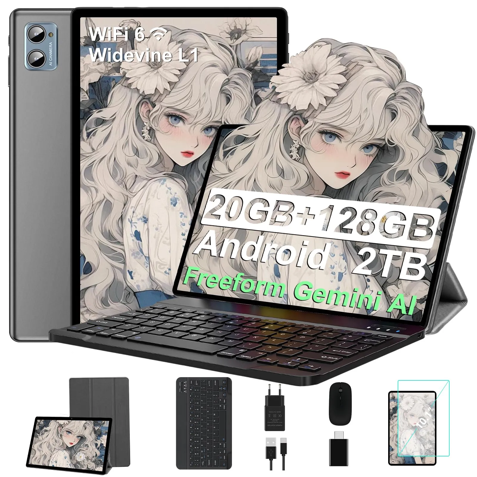 SUAAT Tablet Android 14, 10 Pollici, 20GB RAM, 128GB ROM, Octa-Core, con Accessori