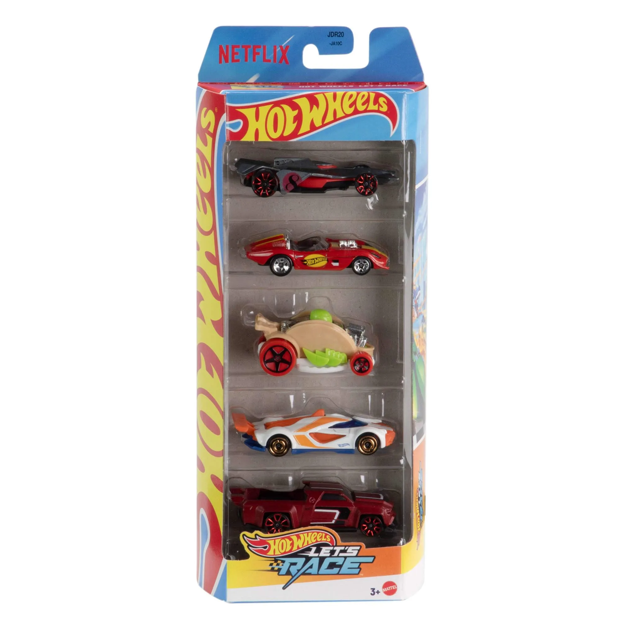 Hot Wheels - Set 5 macchinine die-cast, auto in scala 1:64 dei modelli apparsi nella serie Netflix animata Let's Race!, giocattolo per bambini, 3+ anni, JDR20