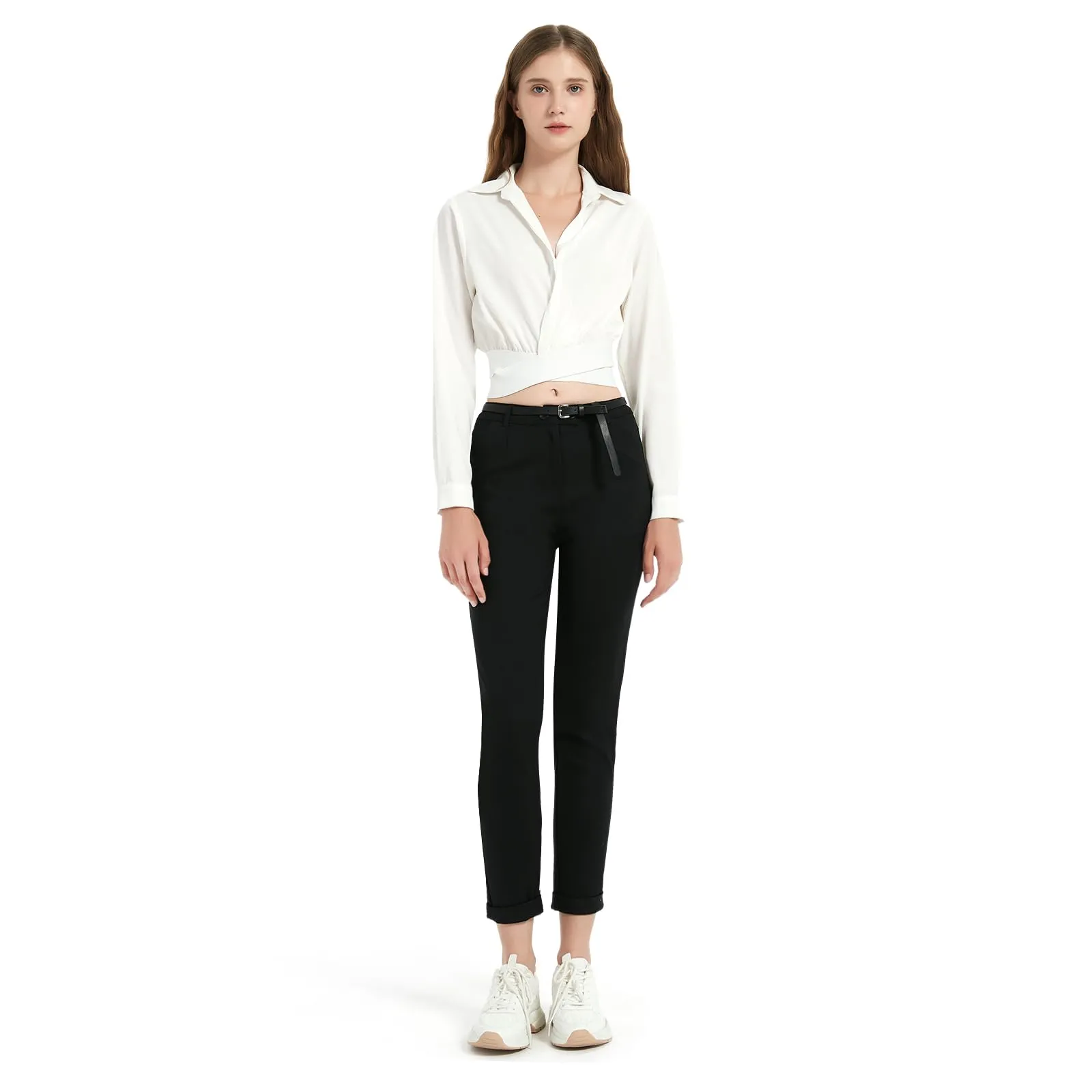 Glowelfa - Pantaloni cargo chino da lavoro da donna, taglio dritto, a vita alta, Nero