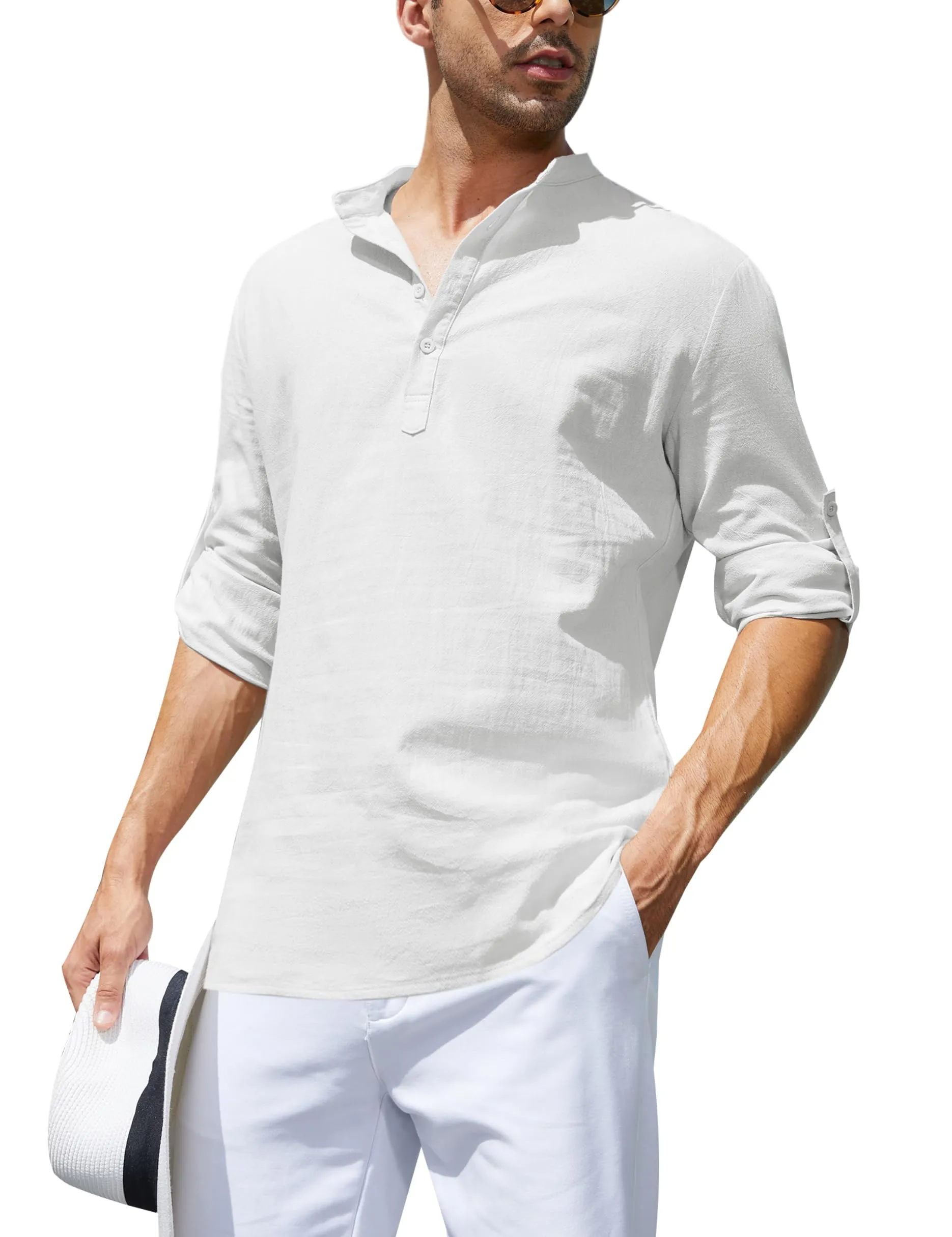 Camicia da Uomo in Lino Bianco XL, Maniche Lunghe, Abbottonatura Henley