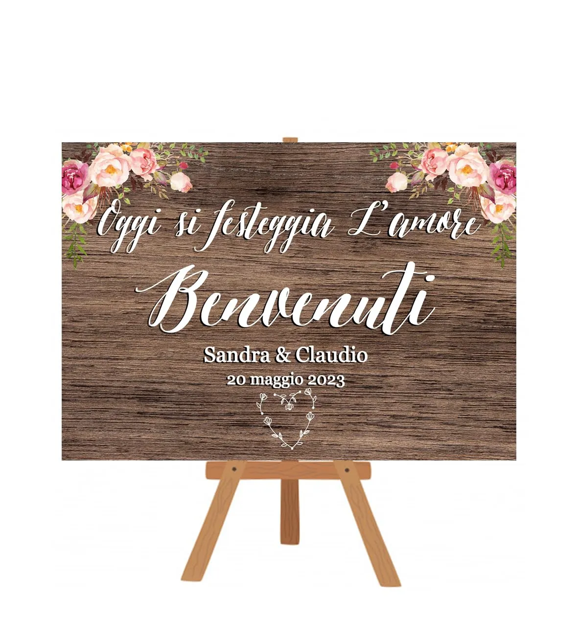 Cartello di Benvenuto Matrimonio Personalizzato Effetto Legno e Fiori Rosa