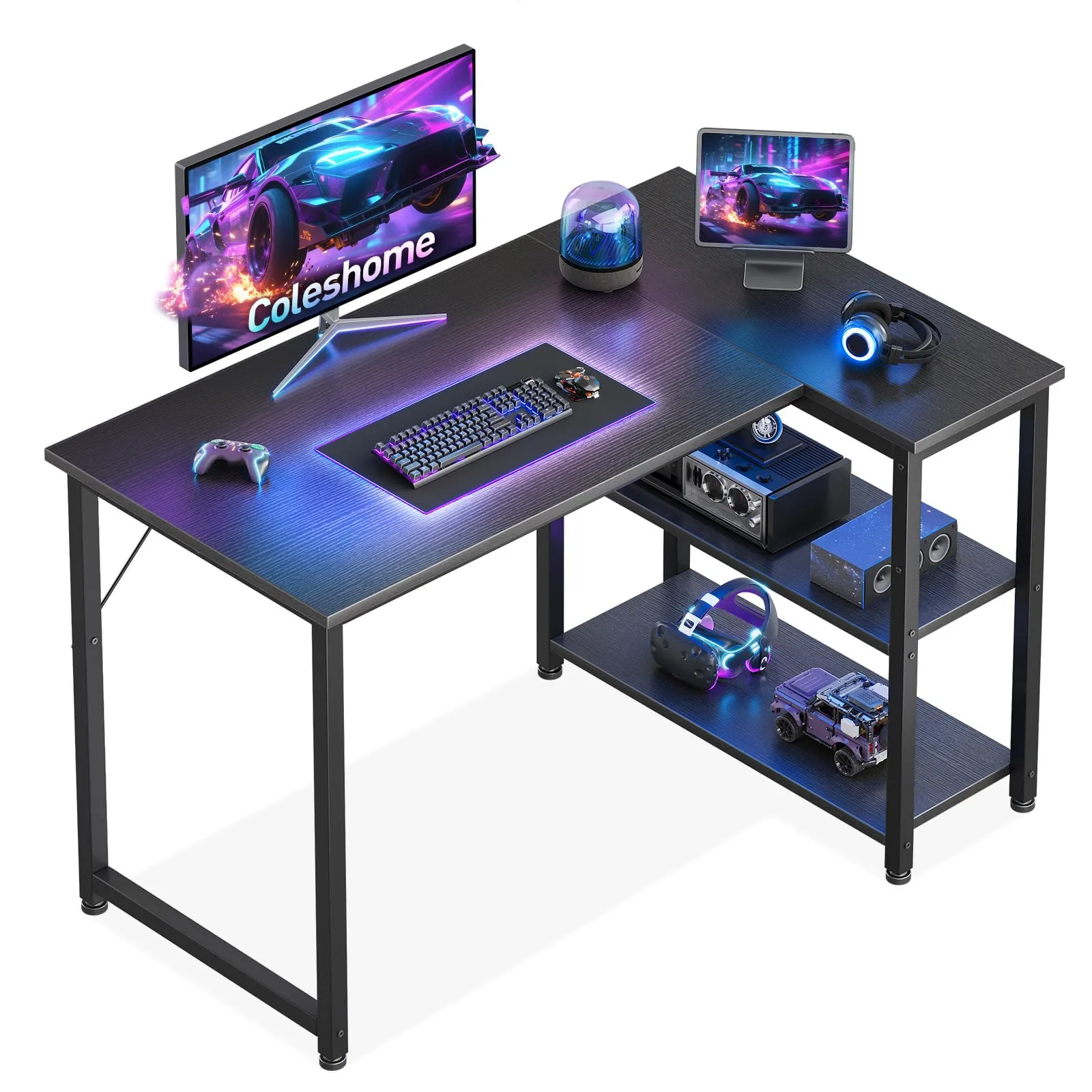 Coleshome Scrivania Gaming Angolare Reversibile con Ripiano Portaoggetti, 100x70cm, Nera