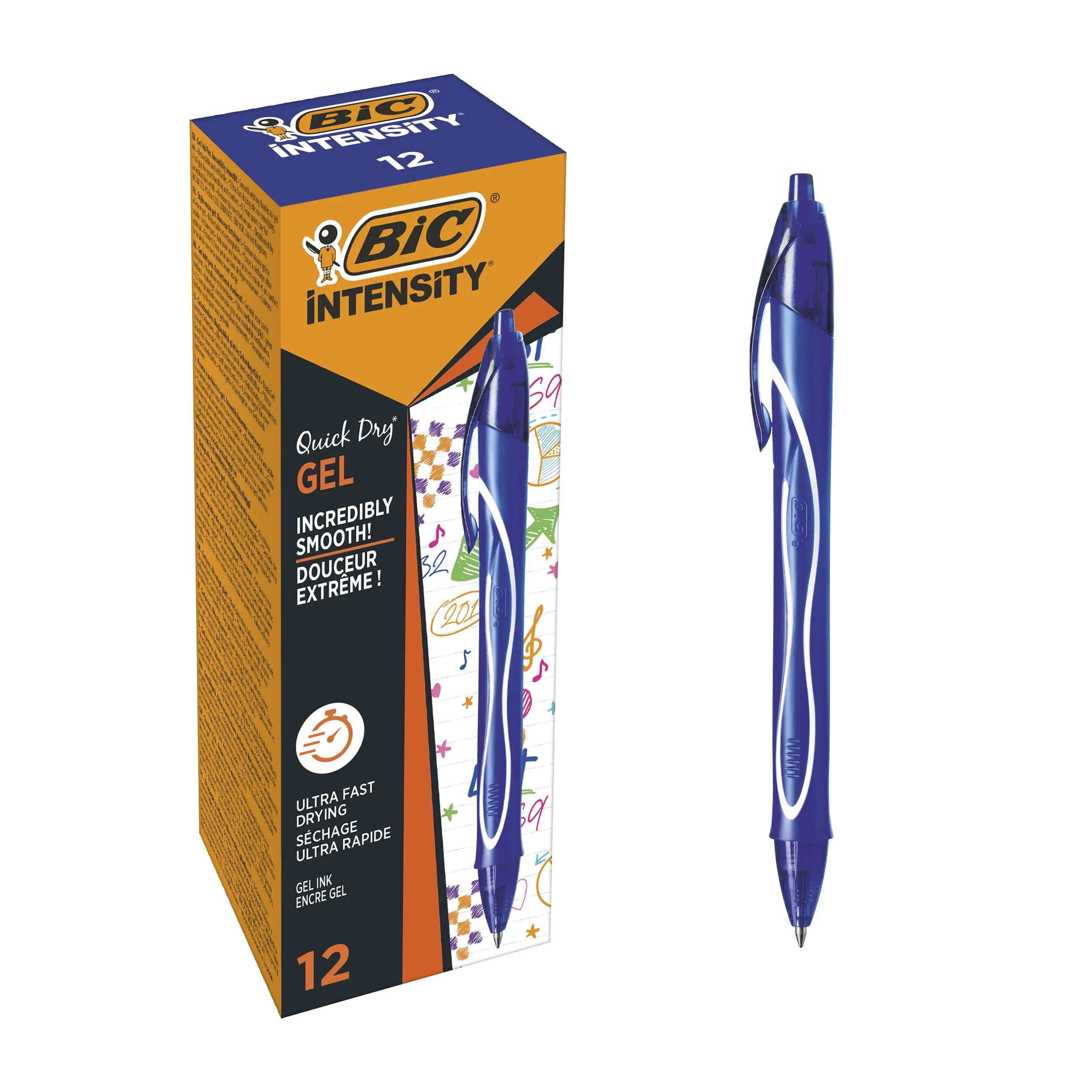 BIC Intensity Quick Dry, Penne Gel Blu, Punta Media 0,7mm, Inchiostro Scorrevole e Asciugatura Ultra-Rapida, 12 Unità