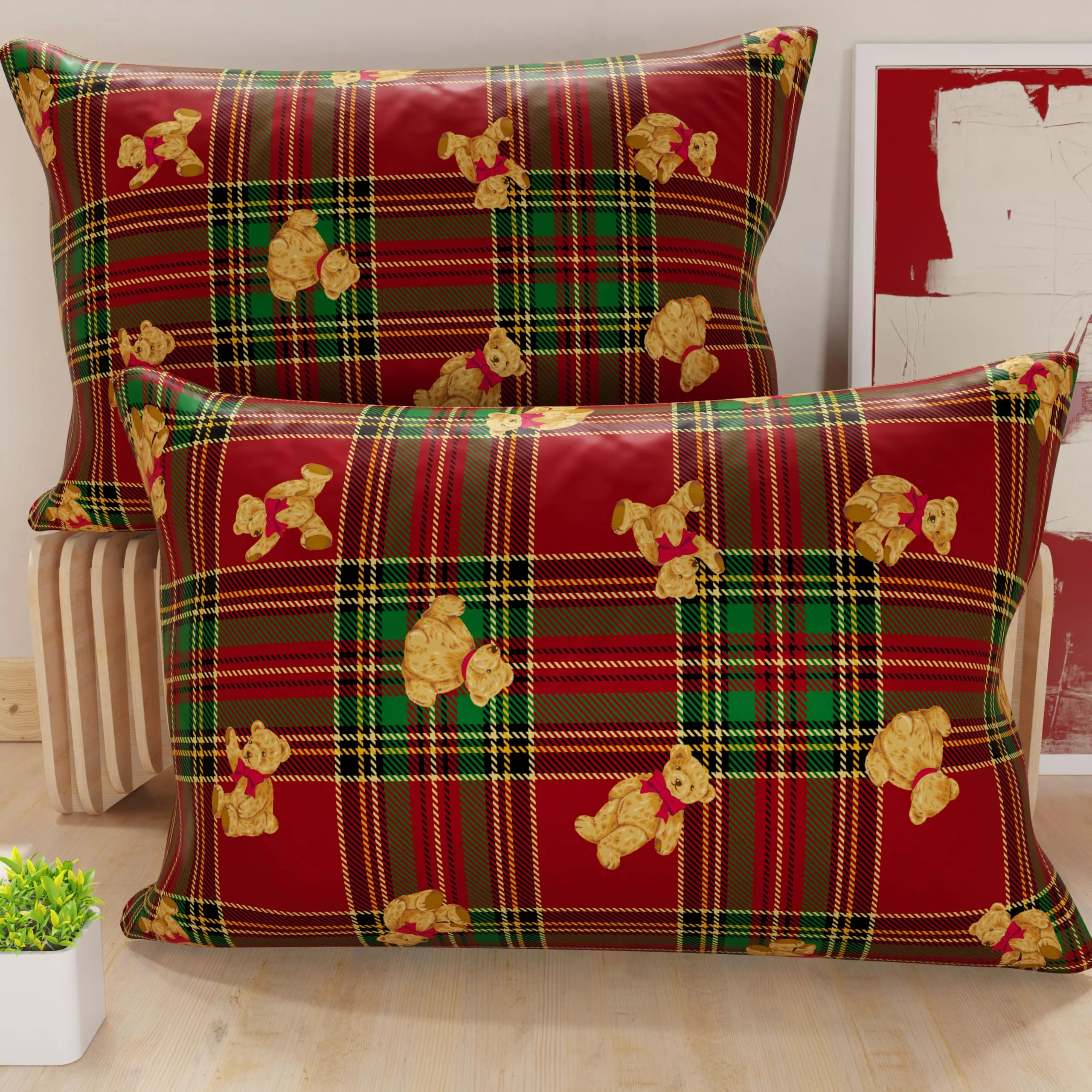 PETTI Artigiani Italiani - Coppia di Federe Natalizie Orsetto Tartan 50x80 cm in Microfibra