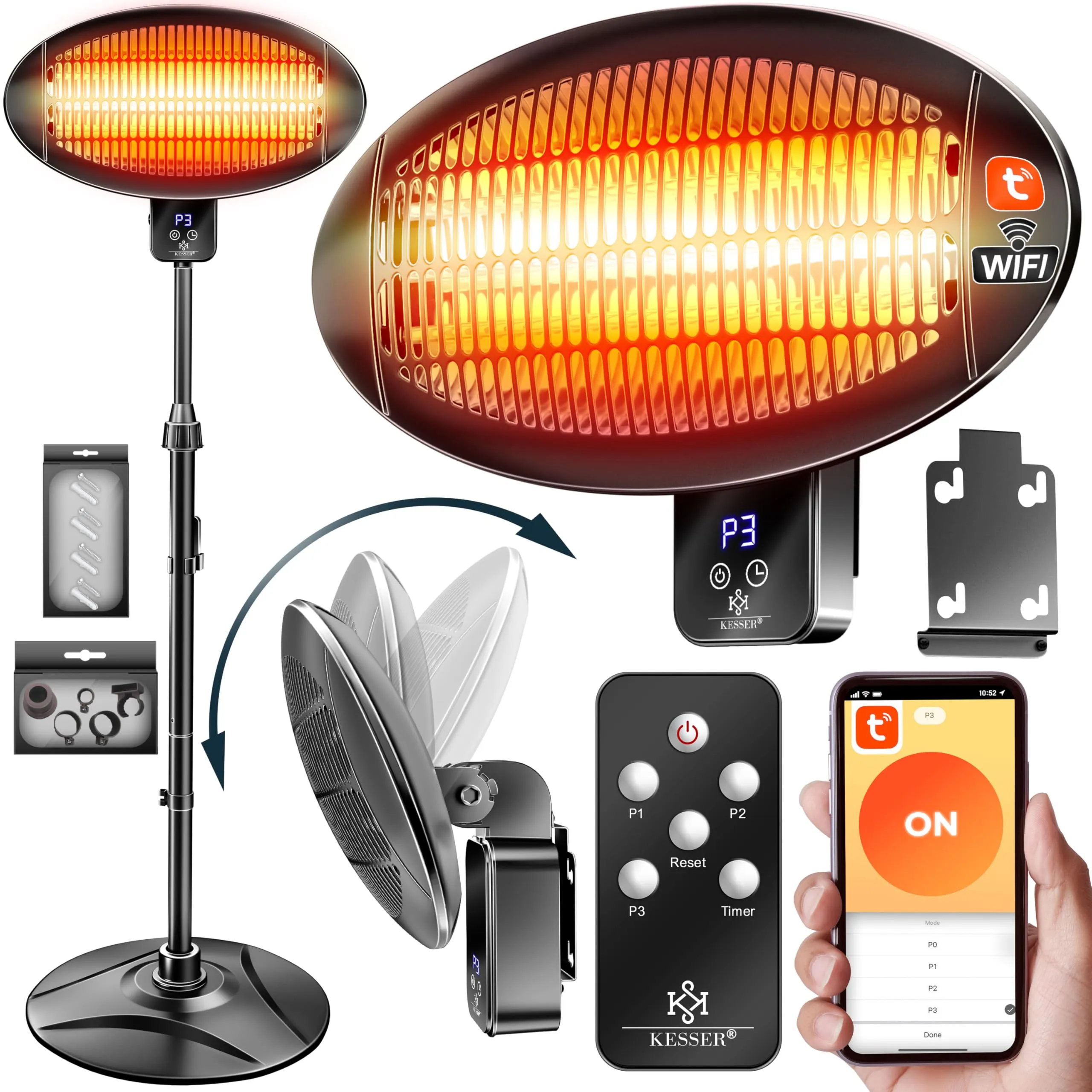 KESSER® Stufa a infrarossi WiFi 2000W con Telecomando, Girevole 360° e Regolabile in Altezza