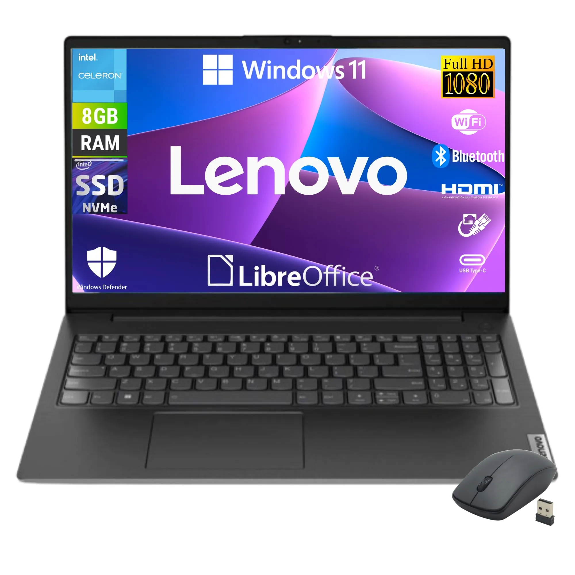 Lenovo Notebook 15.6" Full HD, Intel N4500, 8GB RAM, 256GB SSD, Windows 11 Pro + Mouse