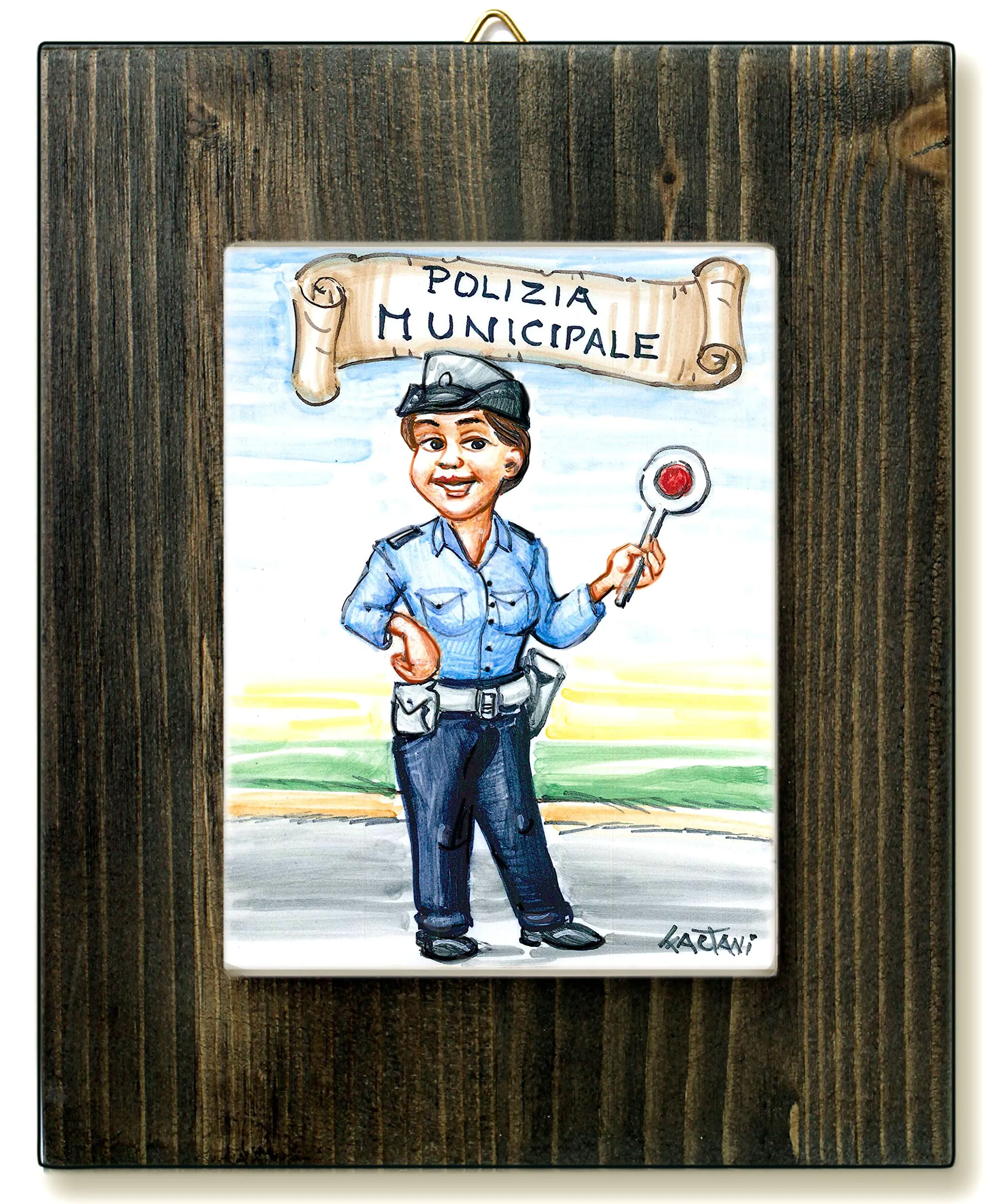 Quadretto Mattonella Ceramica Polizia Municipale - Idea Regalo Originale Donna - Made in Italy