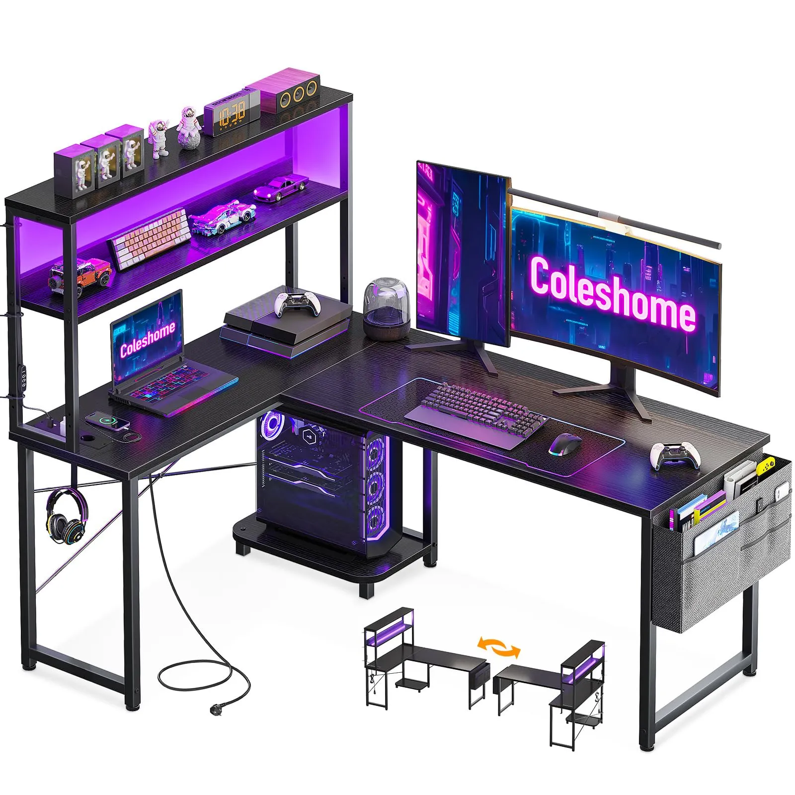 Coleshome Scrivania Gaming Angolare con LED e Prese