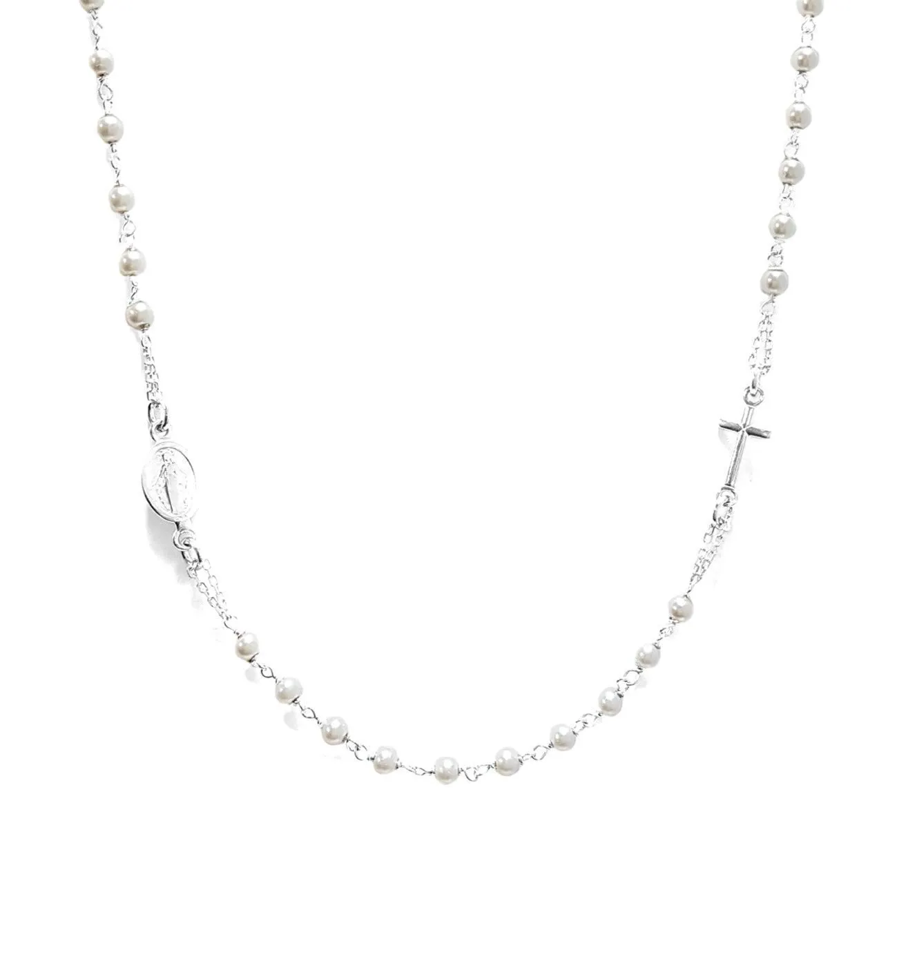 Linea Italia Gioielli - Collana Rosario Girocollo in Argento 925 con Perline Bianche, Croce e Medaglietta Madonna - Made In Italy