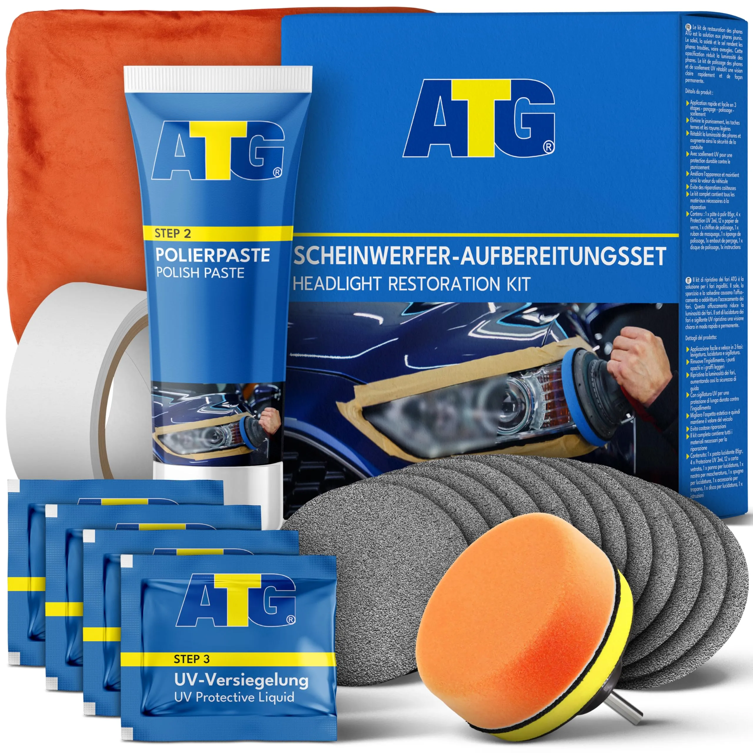 Kit Lucidatura Fari Auto ATG - Rinnova Fari Auto - Polimero Liquido Fari Kit - Lucida Fari Auto - Prodotti Pulizia Auto - Kit Lucidatura Auto - Kit Polimero per Fari - pulizia fari auto opachi