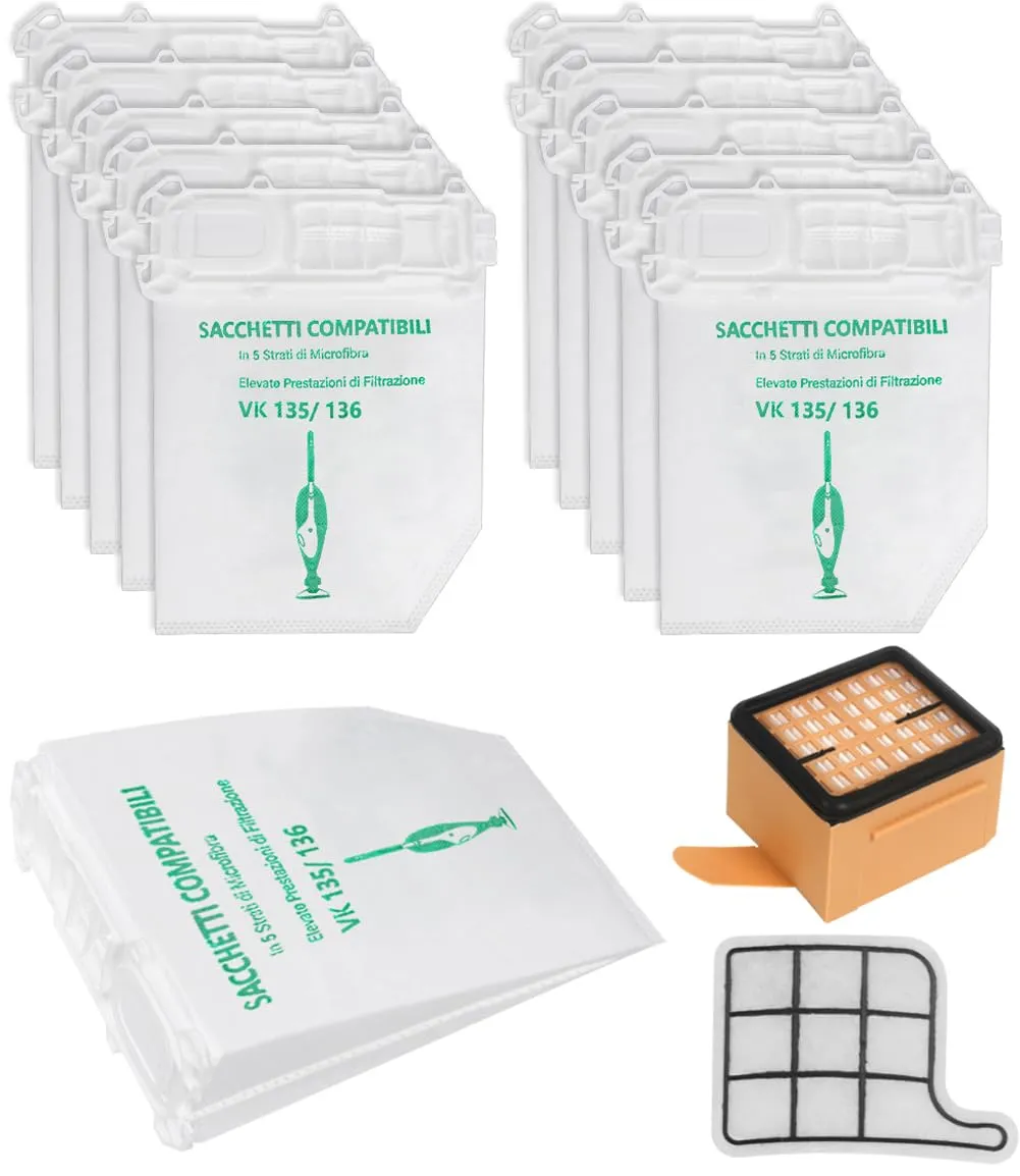 10 Sacchetti Aspirapolvere Folletto VK135 VK136 con Filtro Hepa e Griglia