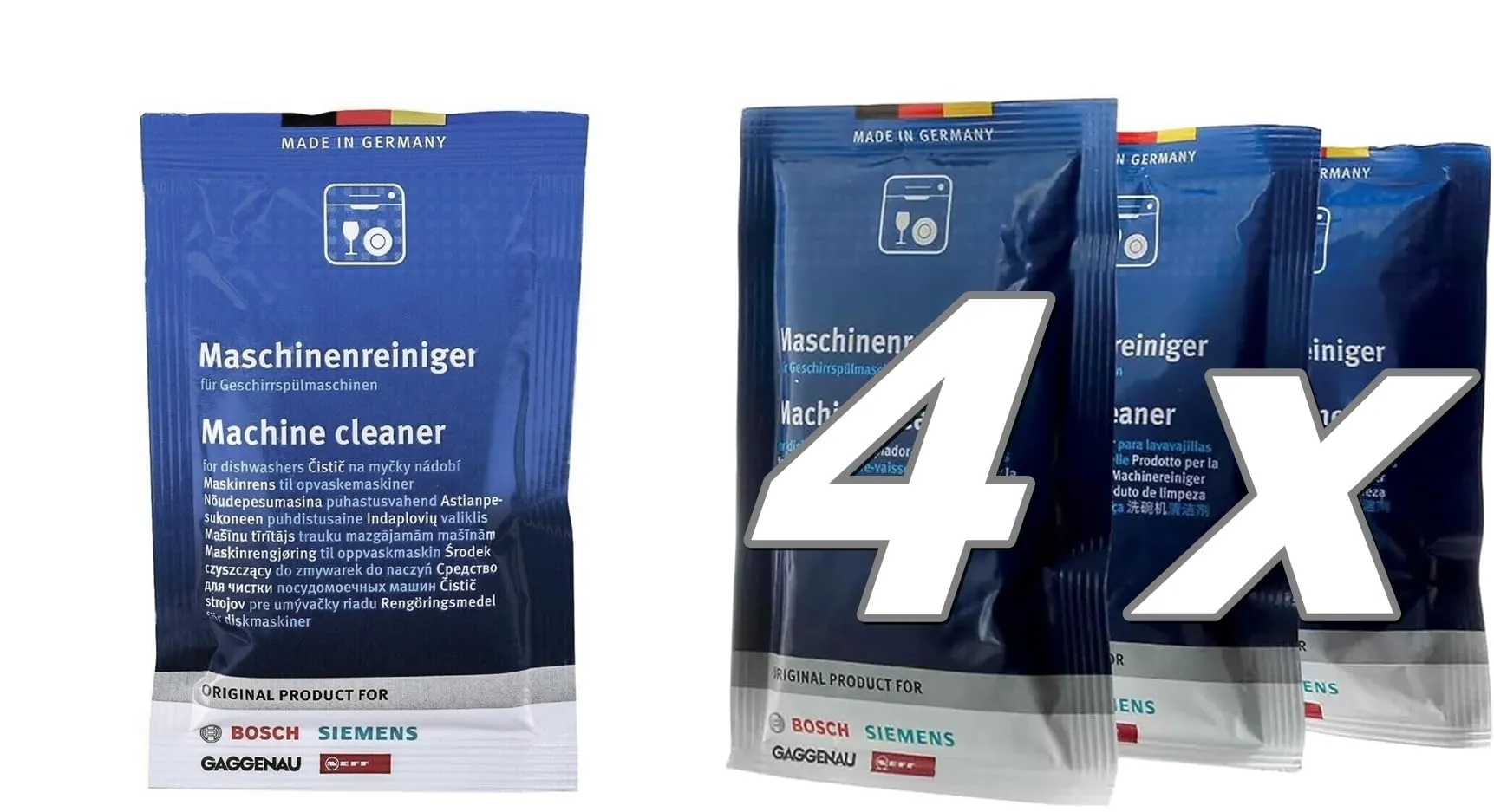 Pulitore Detergente Sgrassante per Lavastoviglie Bosch Siemens Neff Gaggenau - 4 Bustine da 45gr