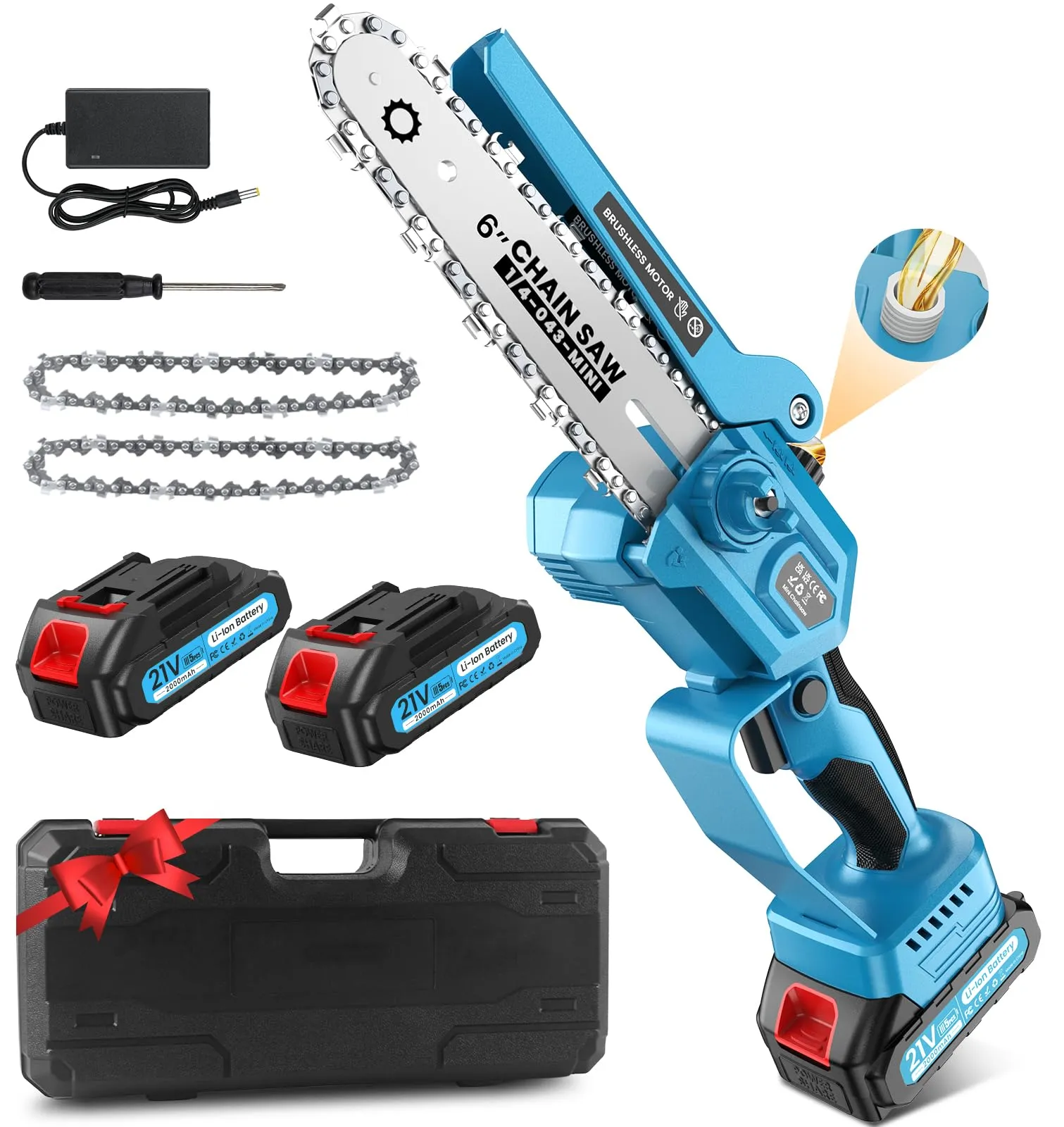 Motosega a Batteria 6" con 2 Batterie 4000mAh e Motore Brushless 900W