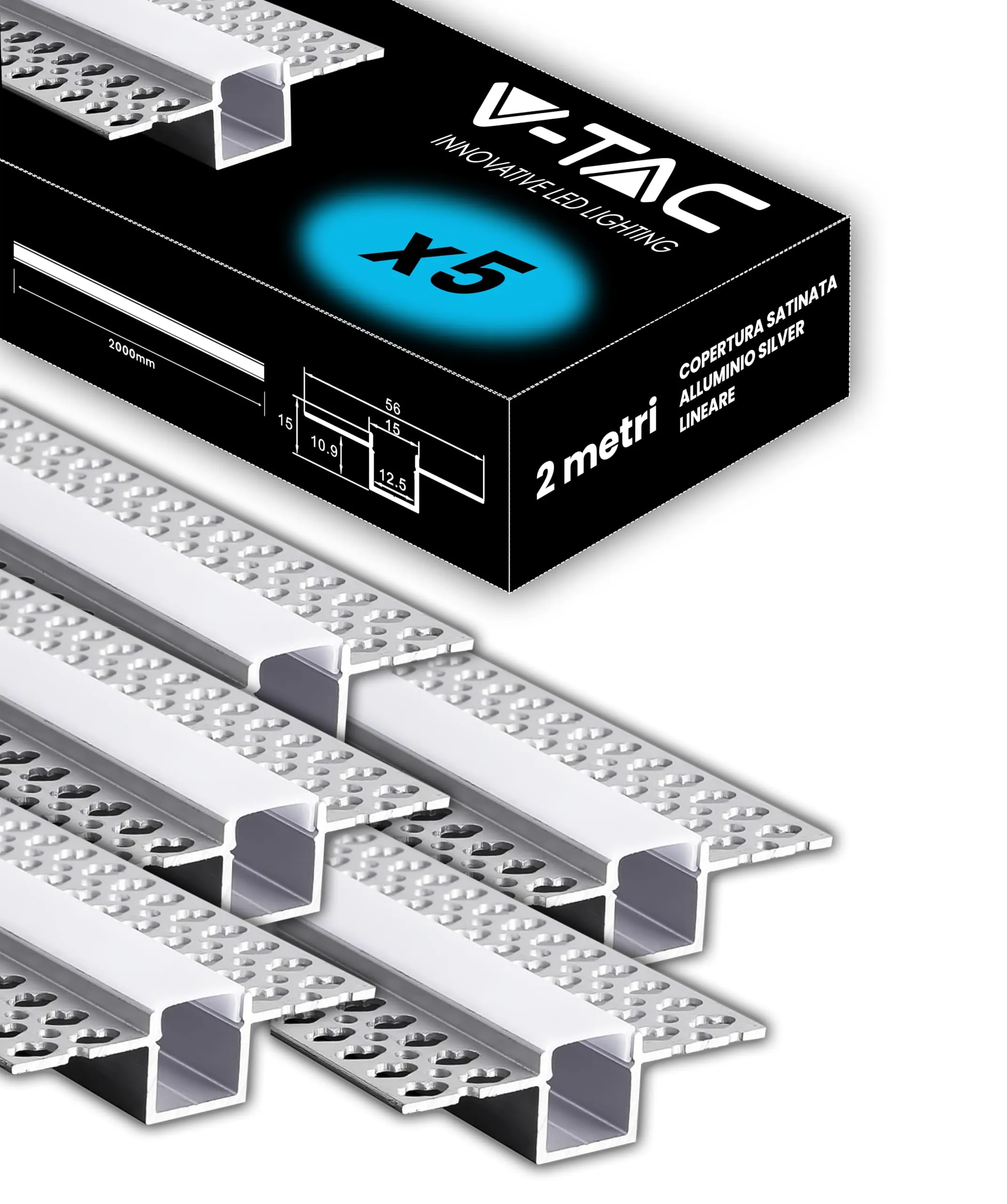 V-TAC 5x Profili LED a Scomparsa 2 Metri (10m Totali) - Incasso Parete/Soffitto Argento