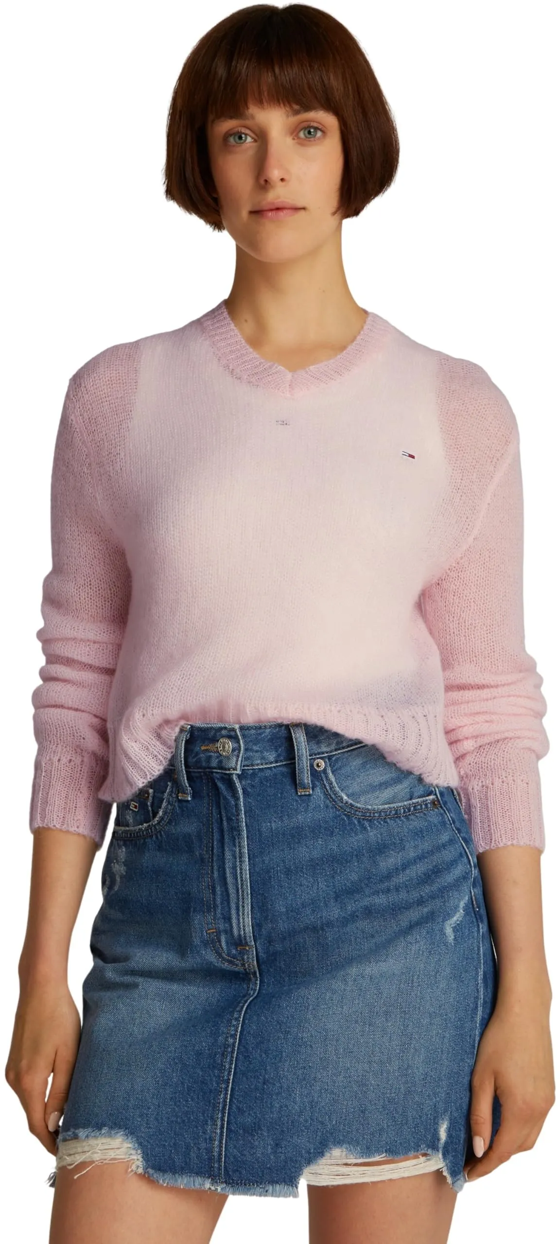 Tommy Jeans Donna Pullover Open Knit con Scollo a V, Rosa