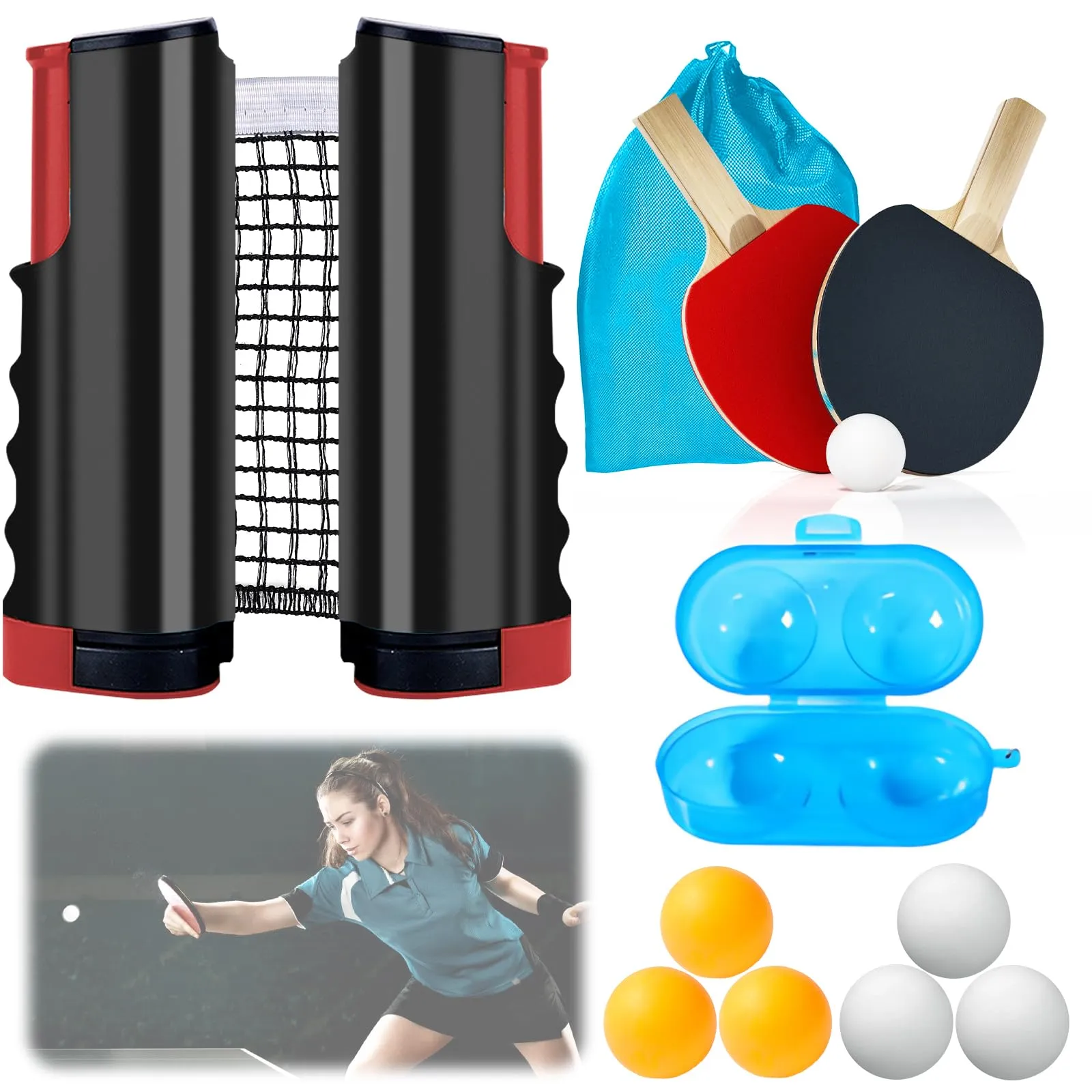 Set Ping Pong Professionale Portatile con Rete Retrattile
