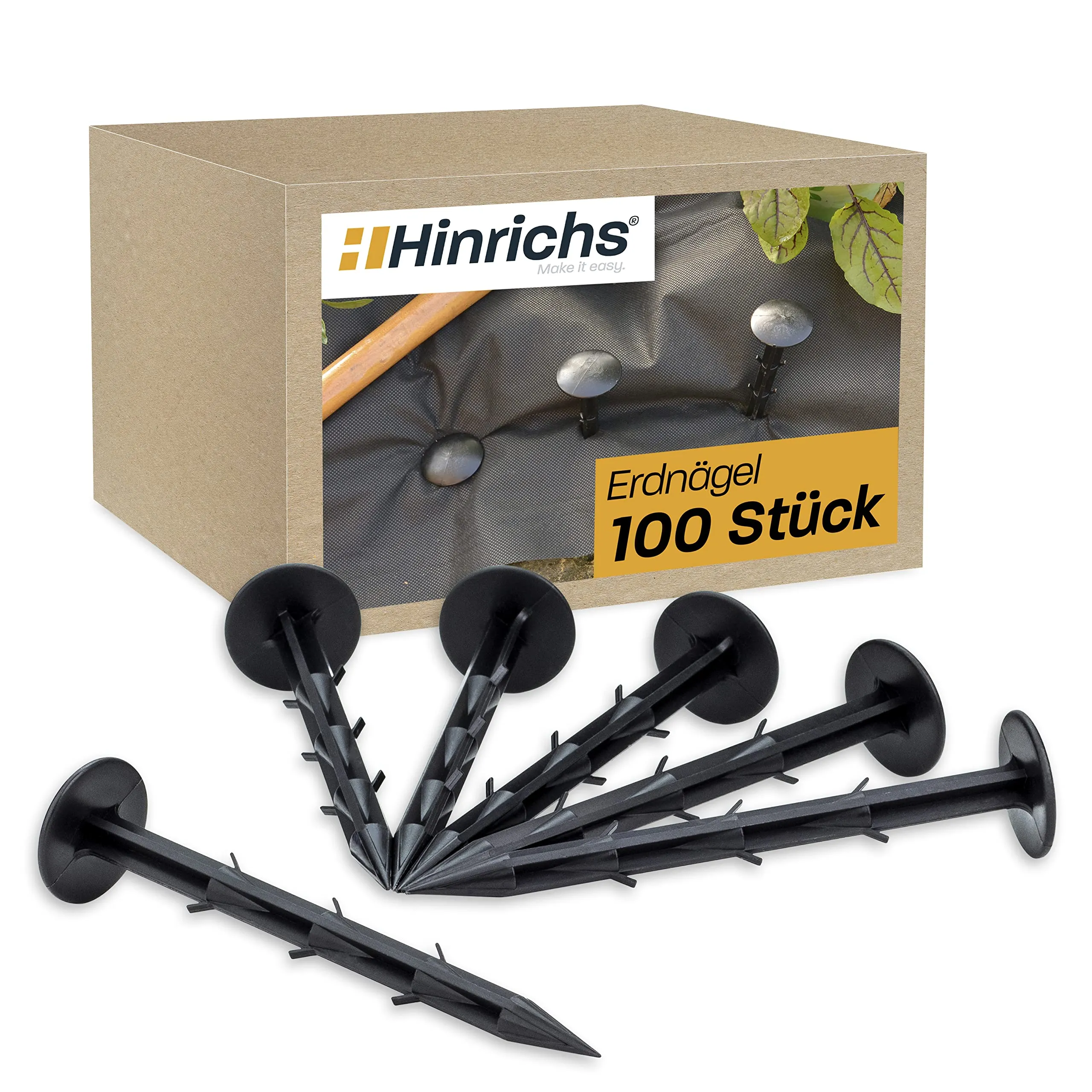 Hinrichs 100 Chiodi a terra - Picchetti Molto Resistenti con Ganci in Direzione Opposta - 6 Barbe- 14,5 cm Lunghezza, 35 mm Diametro Testa - Chiodi per Prato sintetico - Ferma Telo Pacciamatura