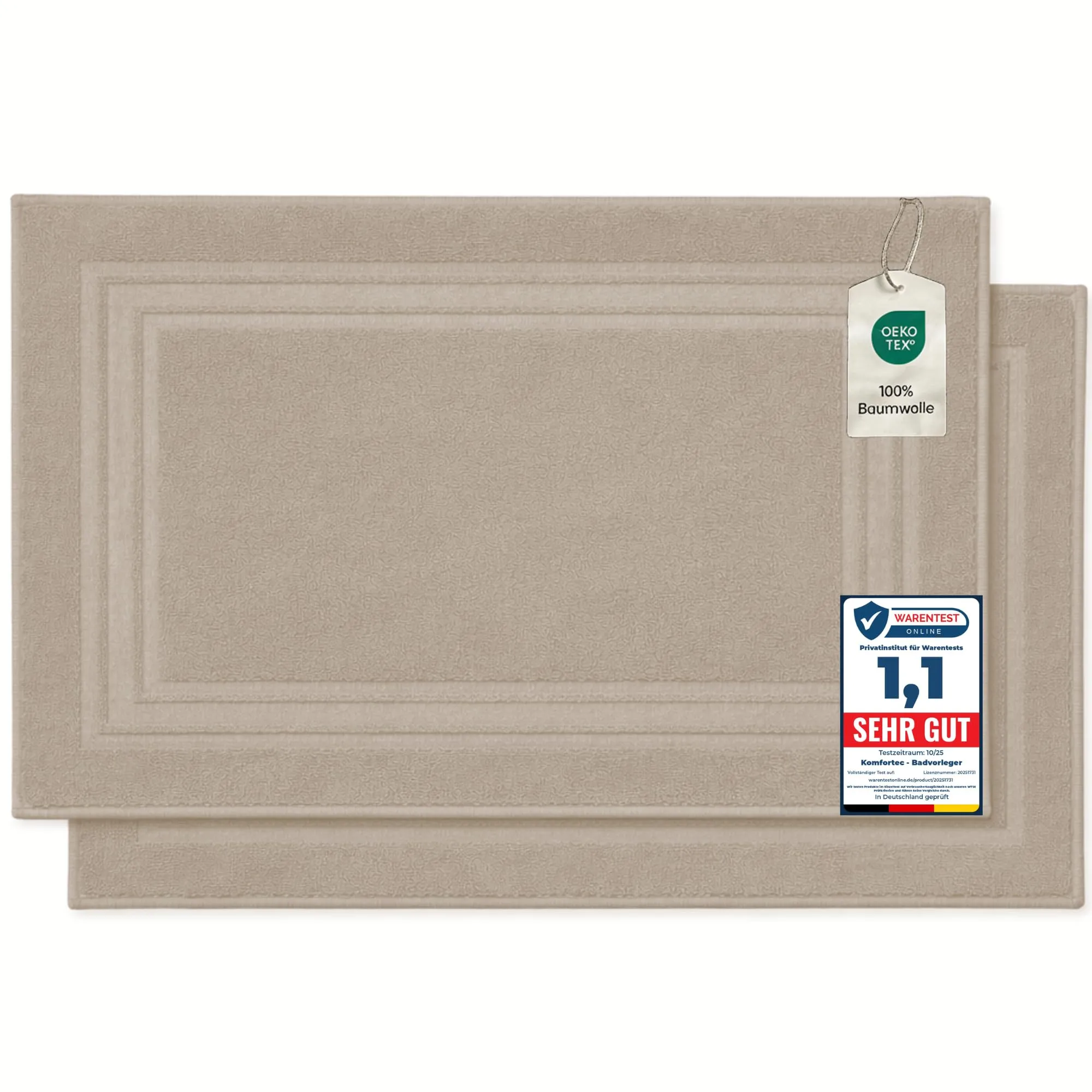 Komfortec - Set di 2 Tappetini da Bagno Beige 50x70 cm in Cotone 600 g/m²