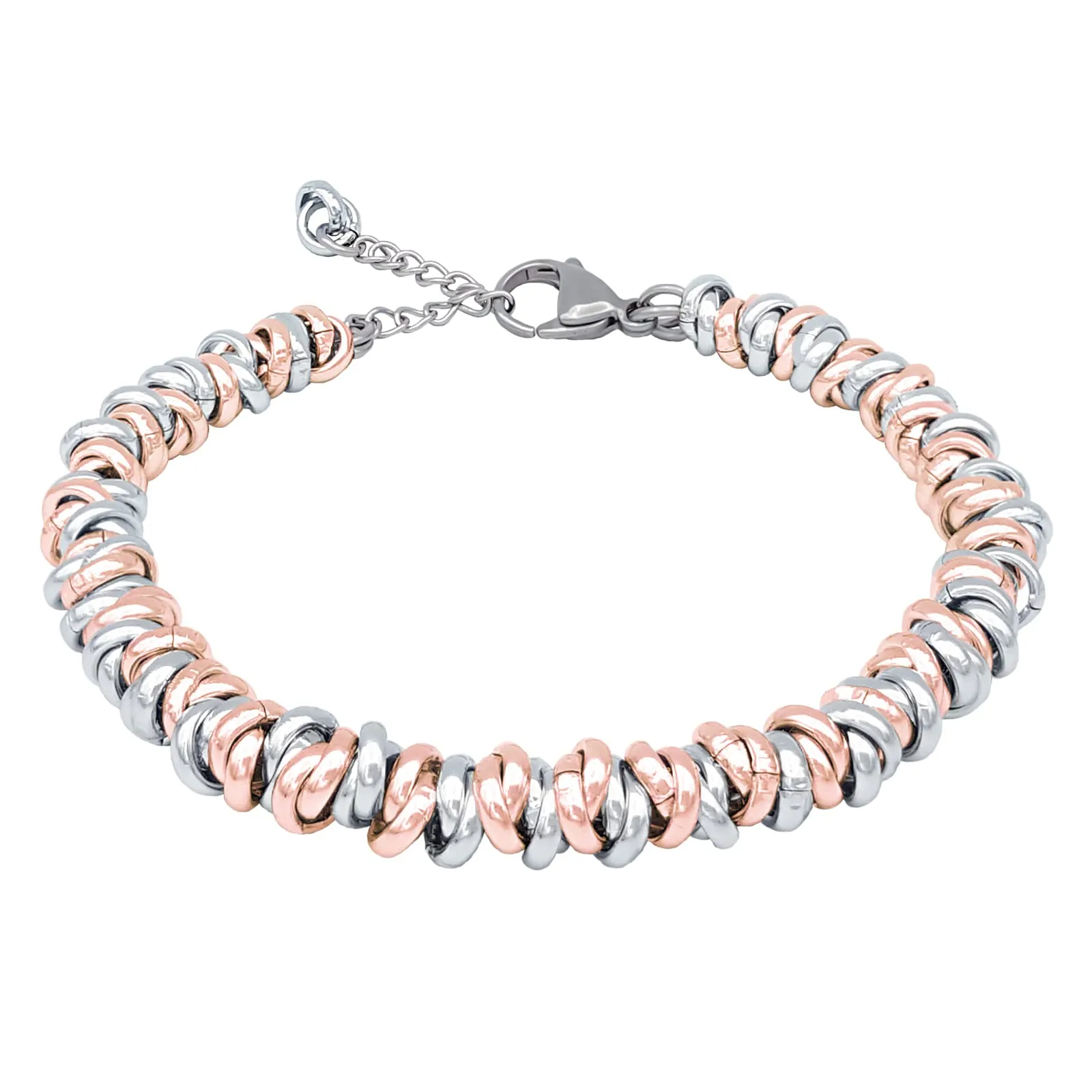 ParticolarModa Bracciale Donna regolabile nodini anelli intrecciati acciaio alluminio morbido 6 mm (Regolabile da 16 a 19 cm (x polso 13-15), Argentato/Rosa)
