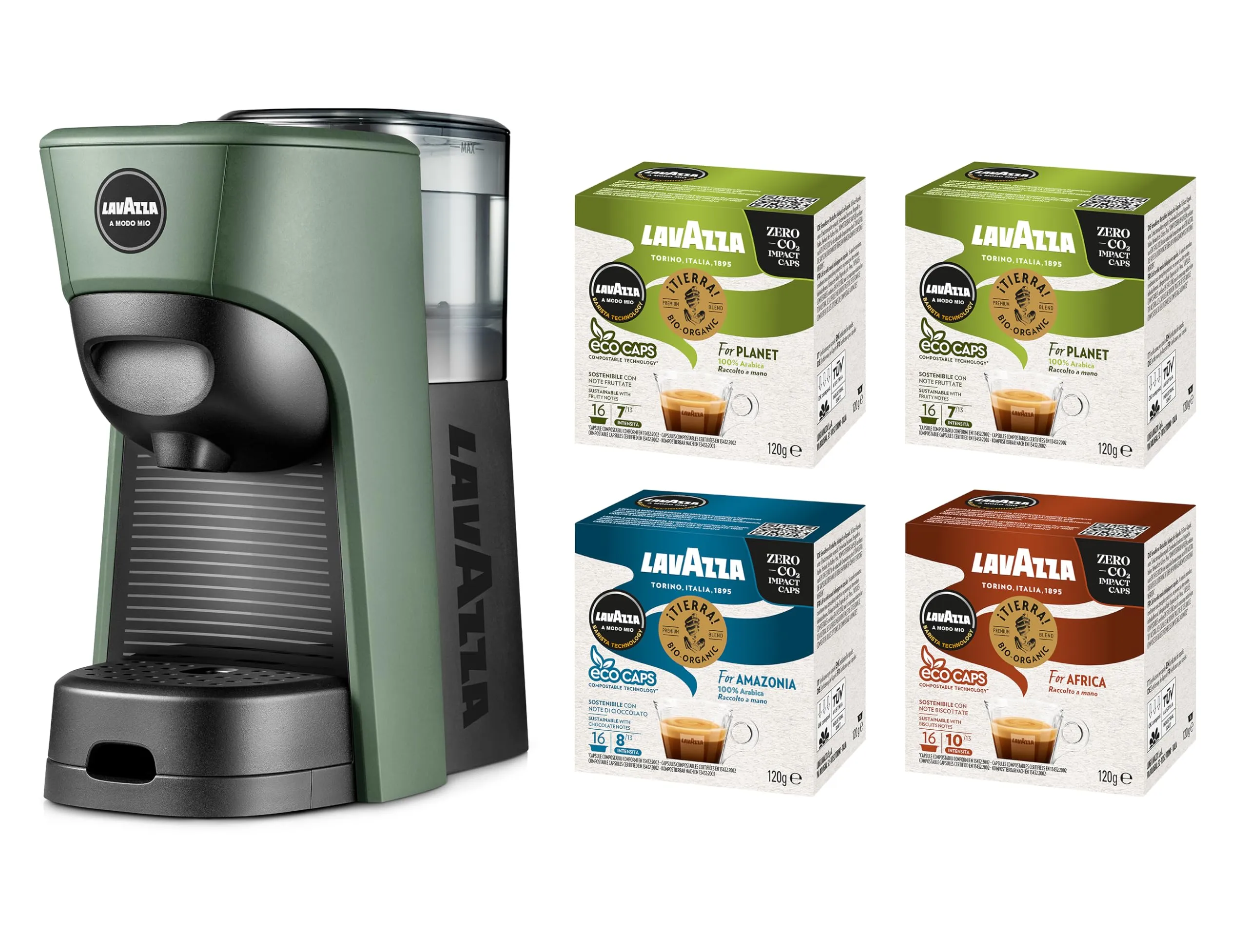 Lavazza, A Modo Mio Macchina per Caffè Tiny Eco Verde con 64 Capsule ¡Tierra! Assortite