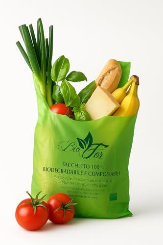 100 Shopper Biodegradabili e Compostabili 100% - Buste Bio -MISURA: 27x50 cm, Soffietti 8+8 - Sacchetti Eco per Trasporto Merci e Alimenti - Resistenti e Ideali per Negozi, Verde