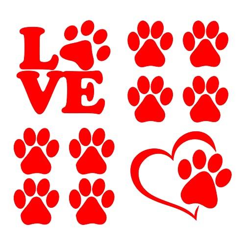 Adesivi Zampe Cane Zampe Cuore Love Zampe 10 Pezzi per Auto o Moto Bici o Monopattino (Rosso)