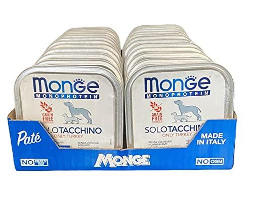 Monge Monoprotein Cibo umido per Cane solo Tacchino, naturalmente senza coloranti, conservanti e zuccheri aggiunti. Confezione da 24 vaschette (1 = 150gr.)