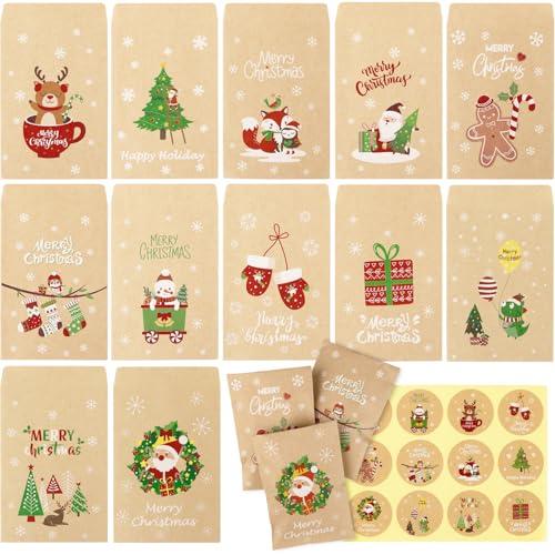 Sacchetti Regalo Natalizi in Carta Kraft - Set da 48 Pezzi con Etichette Adesive