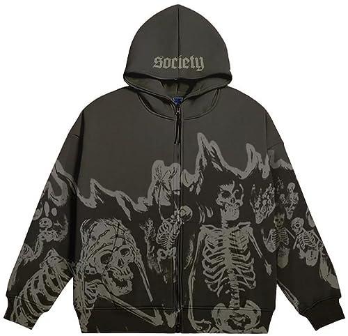 Silver Basic Unisex Y2K Jacket Zip Up Hoodies Skeleton