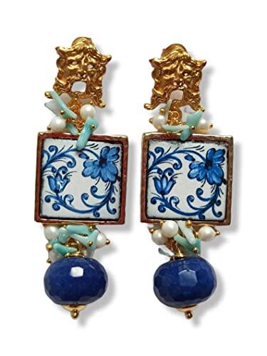 Orecchini Pendenti con Mattonelle in Ceramica di Caltagirone e Agata Blu