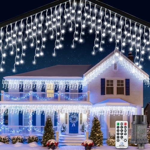 PBGMRT Tenda Luci Natale Esterno Cascata - 10M Catena Luminosa Esterno Blu e Bianco fredda con Telecomando Timer IP44 Impermeabili 8 Modalità Decorazioni