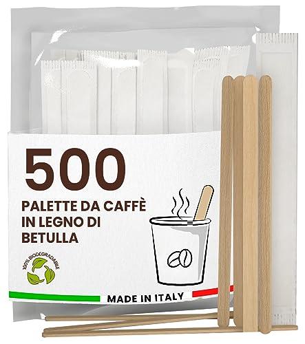 500 Palette Caffè Monouso in Legno di Betulla, Imbustate Singolarmente, Biodegradabili e Compostabili, Made in Italy